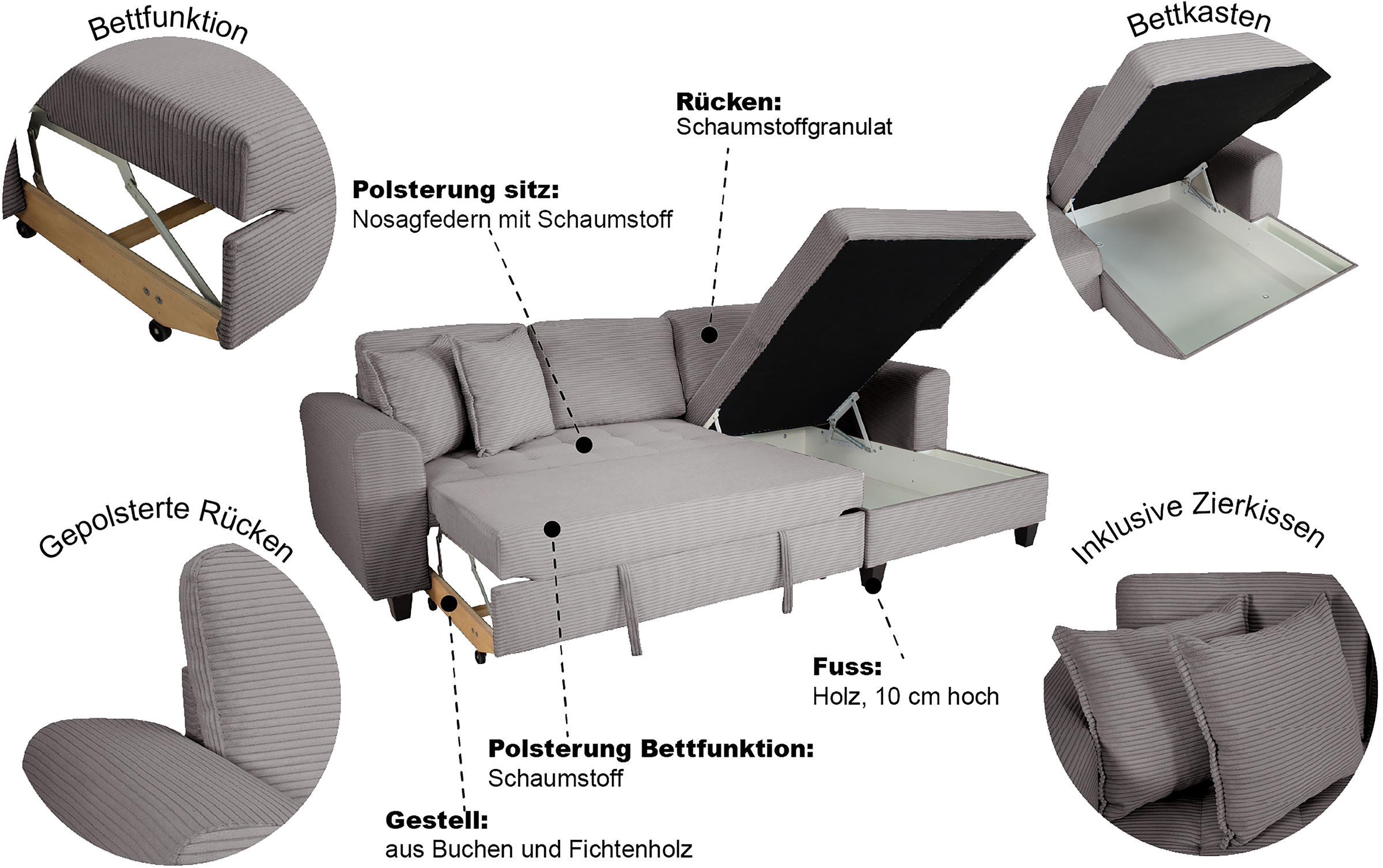 Trends by HG Ecksofa »Moritz, L-Form« inkl. Bettfunktion und Bettkasten, inkl. 2 Zierkissen