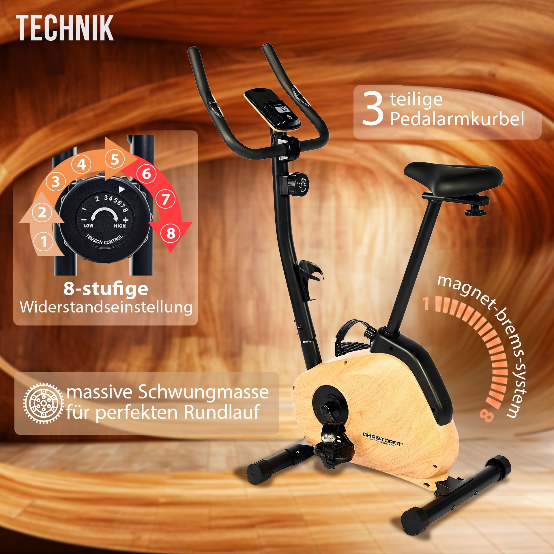 Christopeit Sport® Heimtrainer »HT 2.2«, (Elegante Holzoptik, 3-teilige Pedalarmkurbel), Schwungmasse ca. 5 kg, 8 Widerstandsstufen