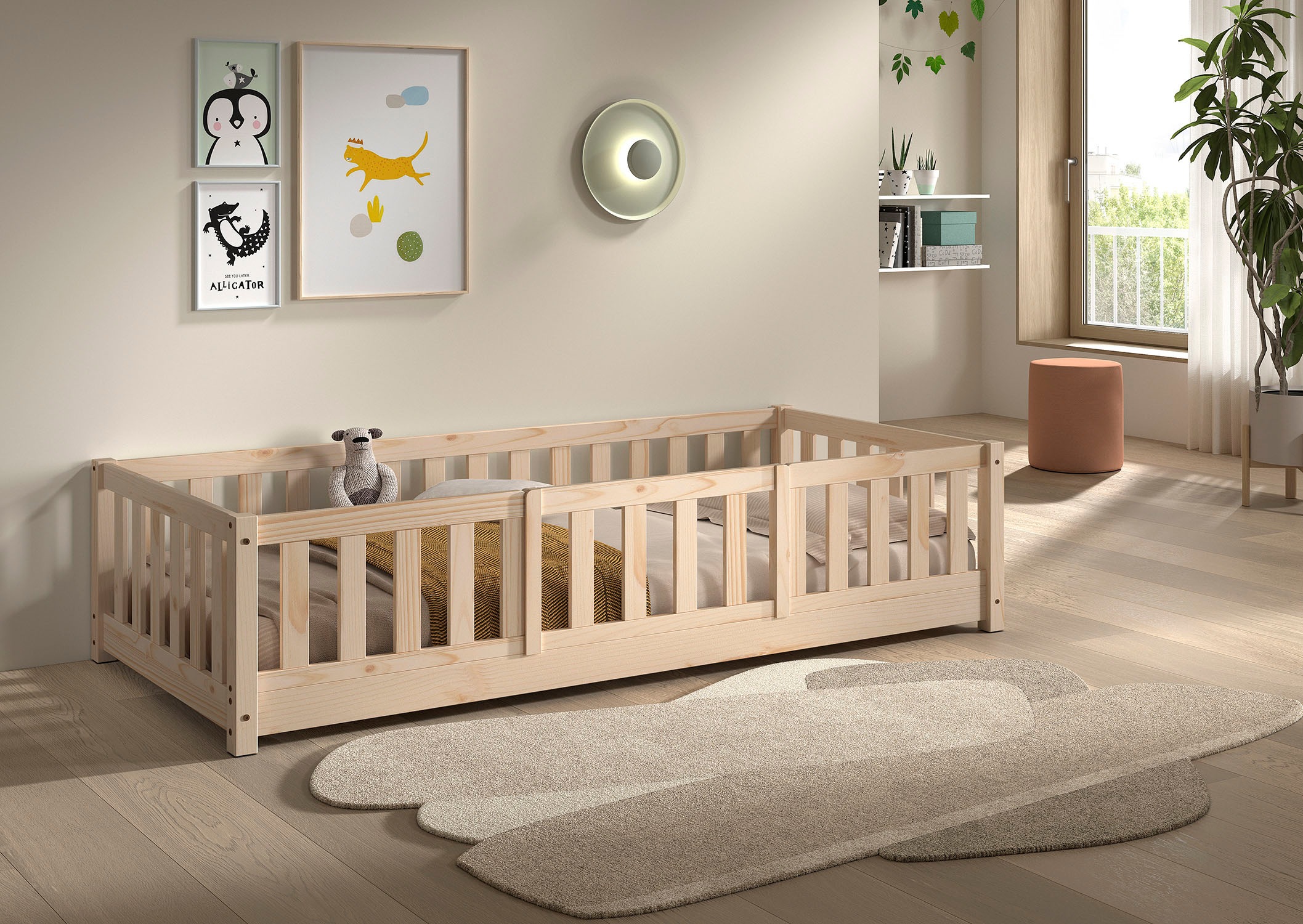 Vipack Kinderbett »Dallas, massiv Bett, Rausfallschutz, umbaubar vom Boden- zum Daybett« inkl. Rolllattenrost und Sprossenumrandung, 90 oder 140x200 cm breit,  stabil und standfest gebaut, wahlweise Kiefer massiv natur oder weiß
