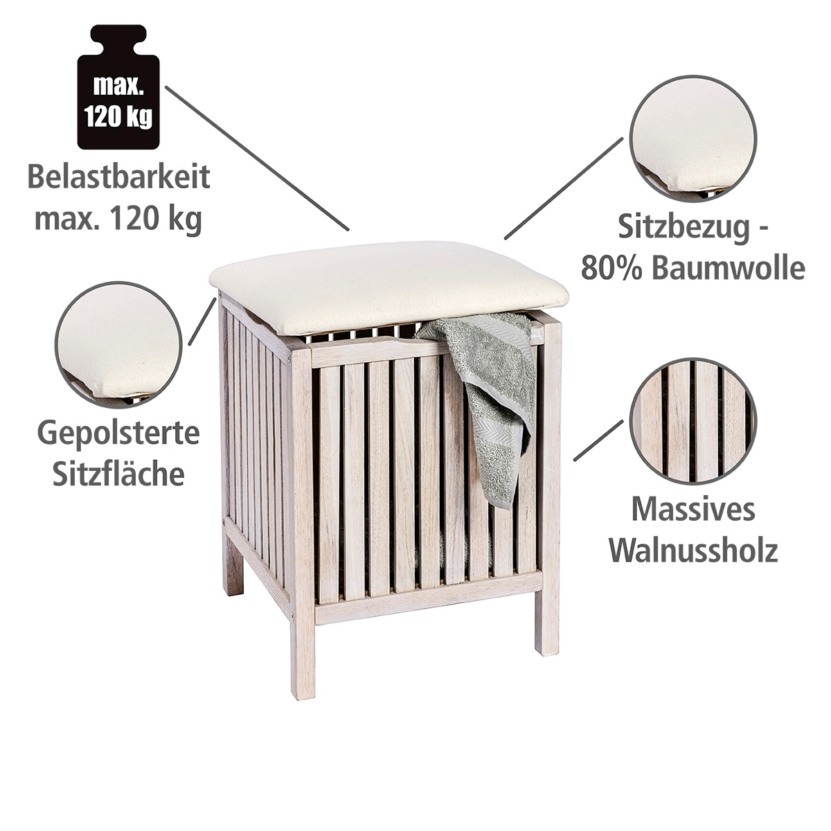 WENKO Badhocker »Norway«, aus massivem Walnussholz, weiß gekälkt