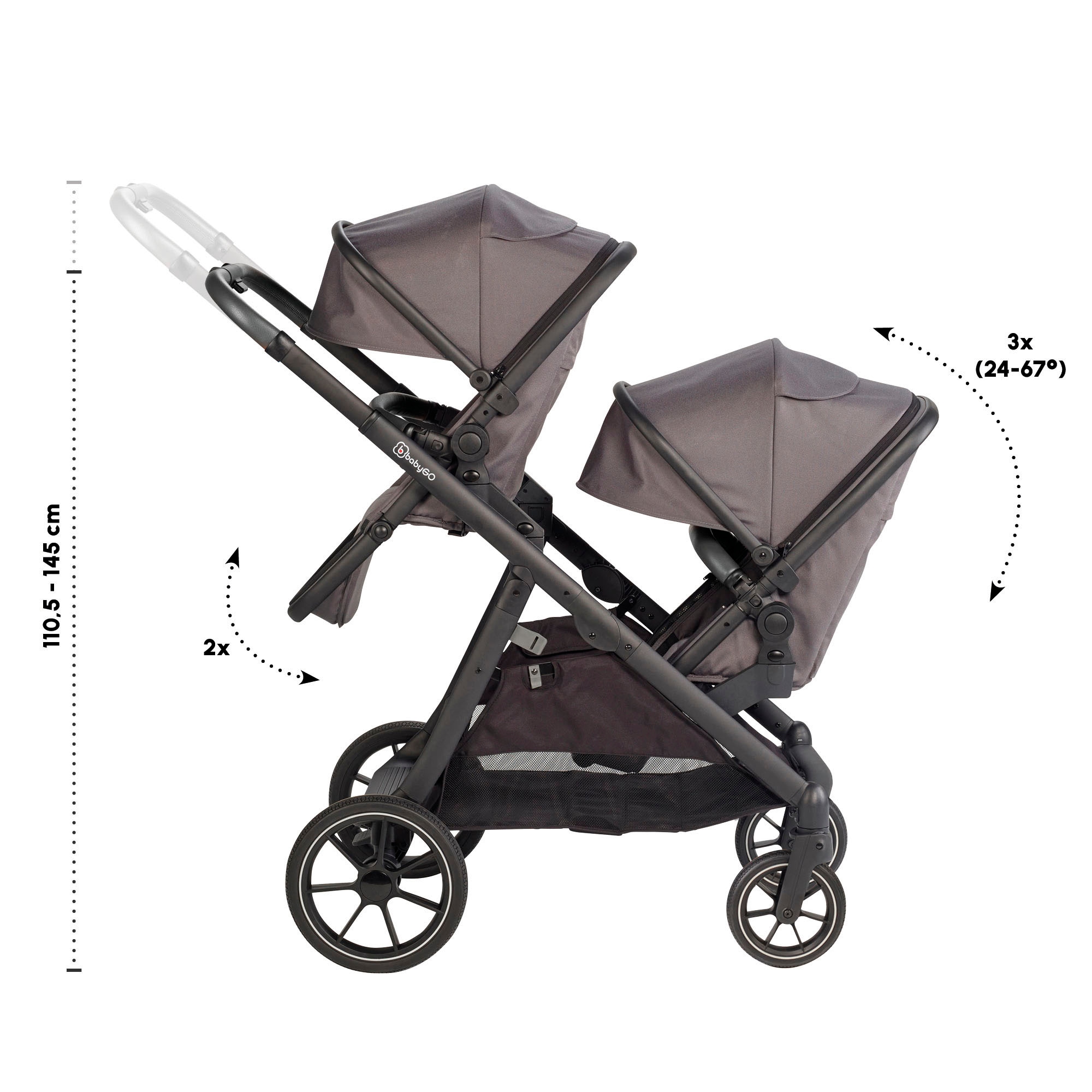 BabyGo Zwillings-Kombikinderwagen »Duo, grau« inkl. Wickeltasche u. 2 Regenhauben