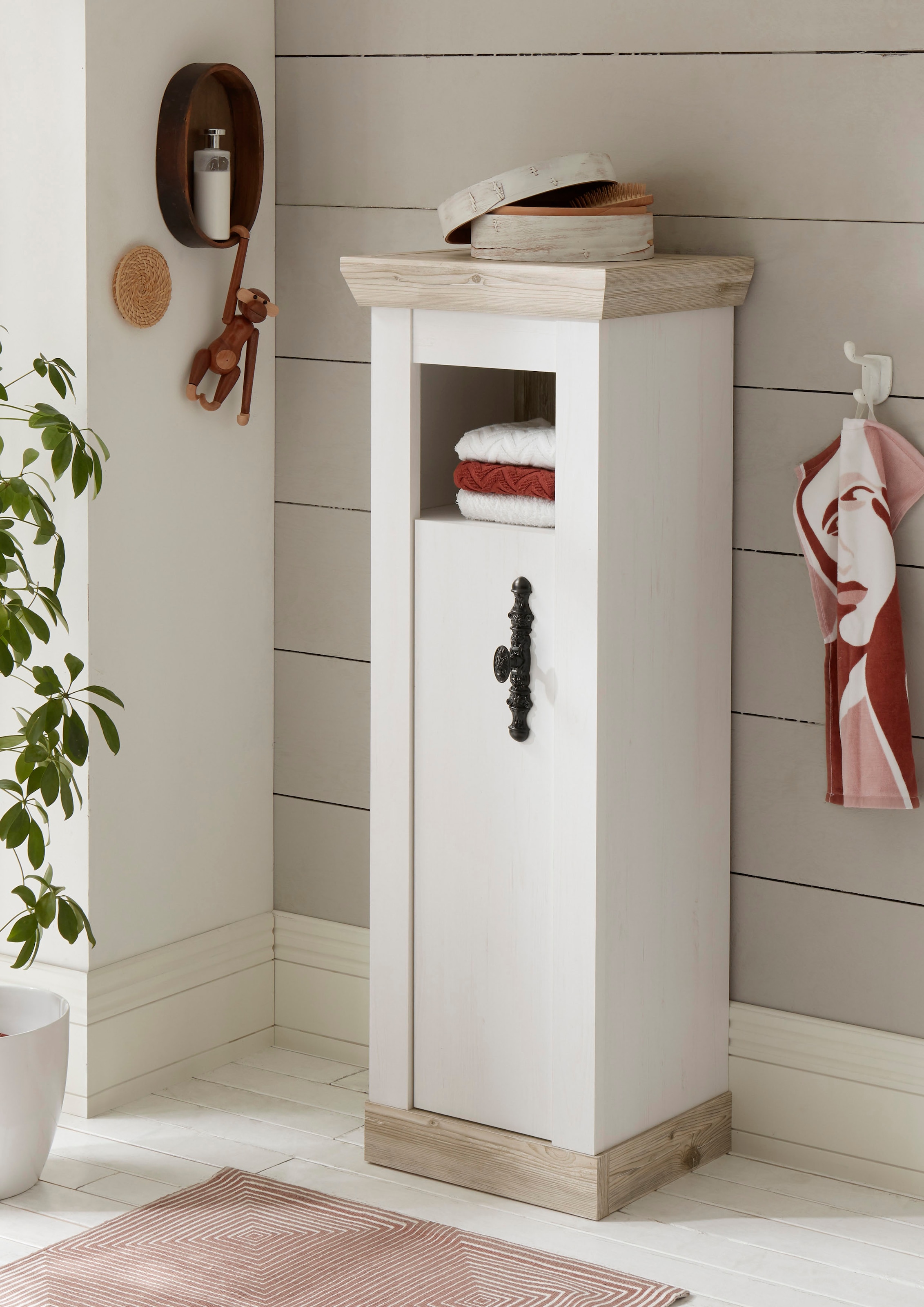 Home affaire Midischrank »Florenz, Badschrank im Landhausstil, Schrank mit Metallgriffen« in Pinie Weiß, offenes Fach und Stauraum hinter Drehtür