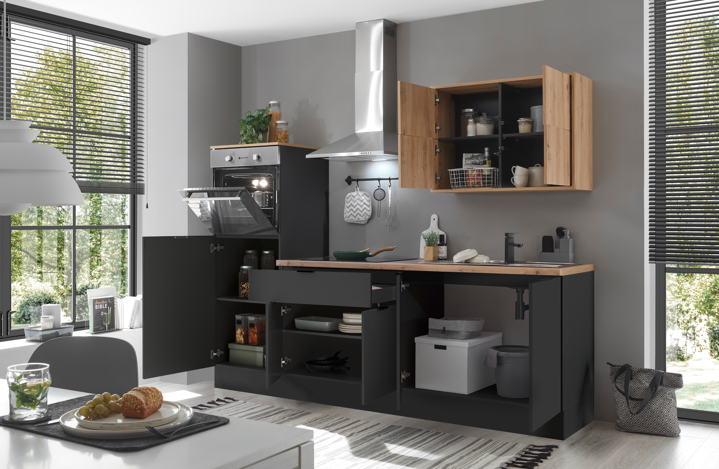 KOCHSTATION Küchenzeile »KS-Georgia, mit 38mm starker Arbeitsplatte« Breite 250 cm, wahlweise mit E-Geräten und Kühlschrank