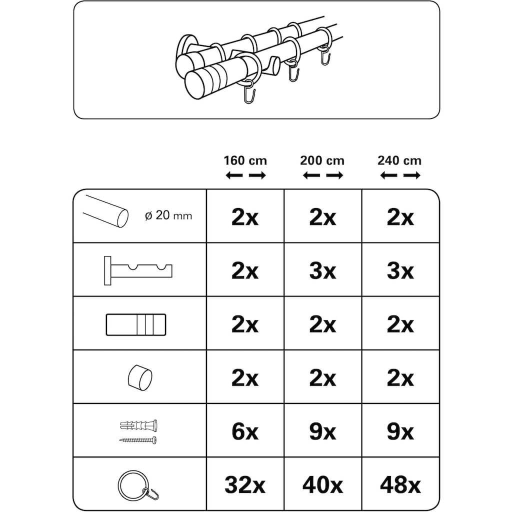 GARDINIA Gardinenstange »Gardinenstangen Set Metall«, 2 läufig-läufig, Fixmaß