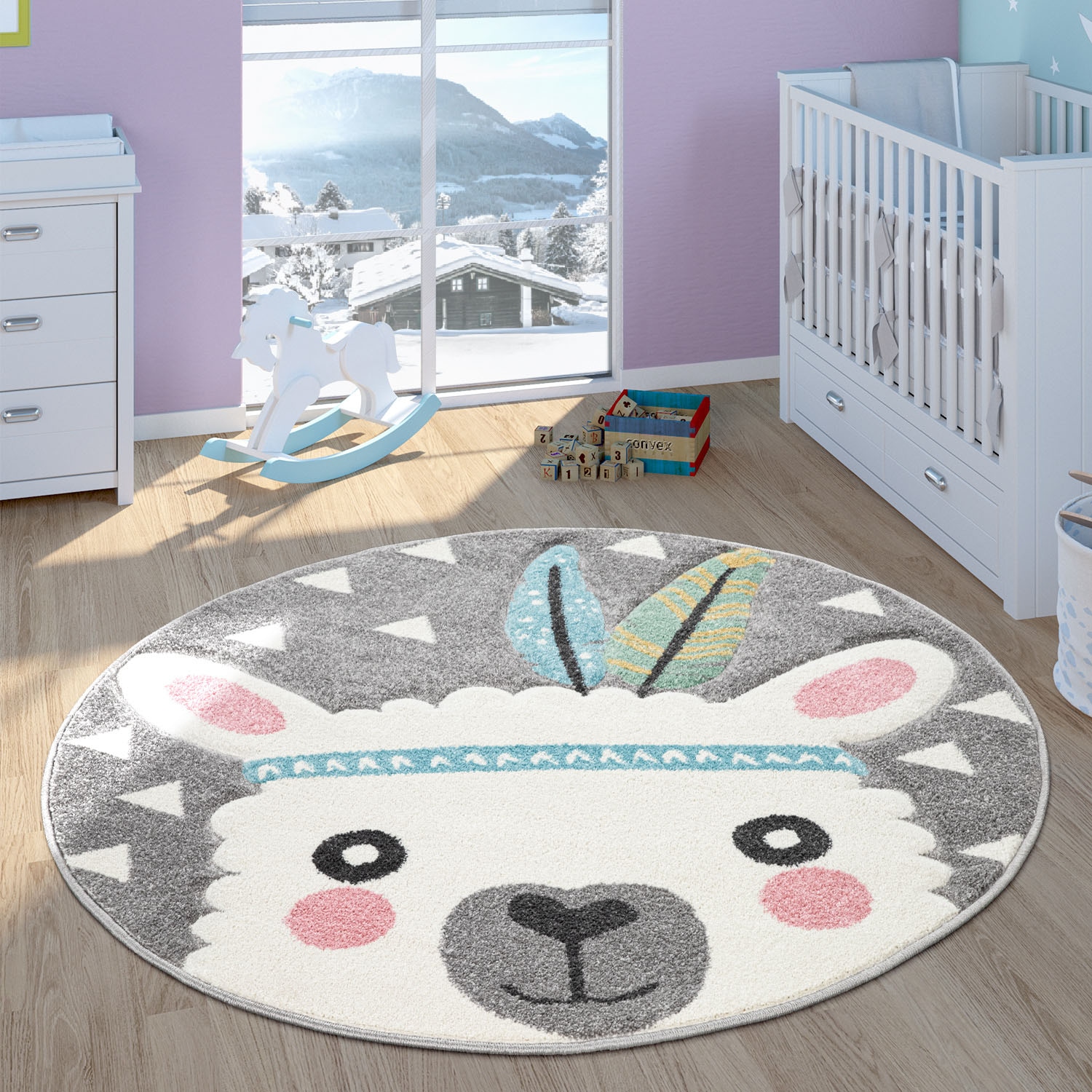 Paco Home Kinderteppich »Ela 214«, rund, 3D-Design, Motiv Lama,  Pastell-Farben, Kinderzimmer