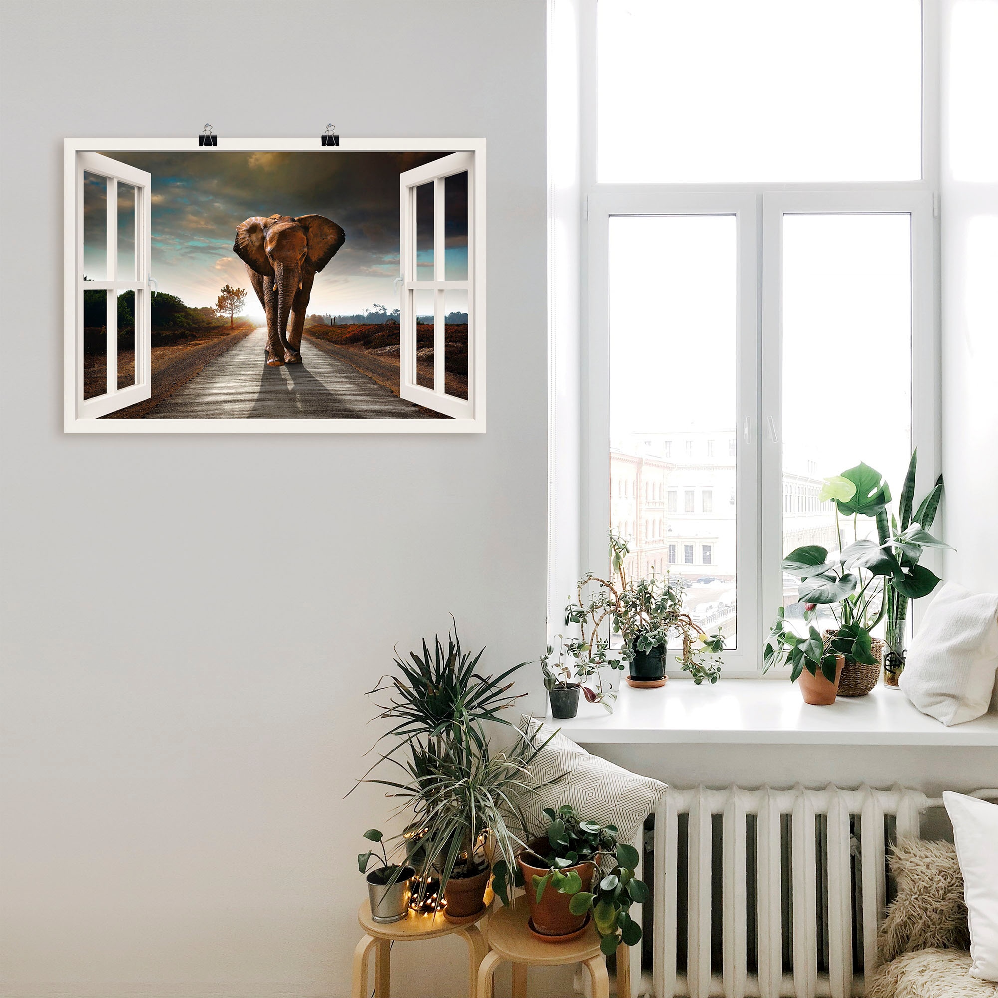 Artland Wandbild »Elefant auf Straße«, Fensterblick, (1 St.), als Leinwandbild, Poster in verschied. Größen