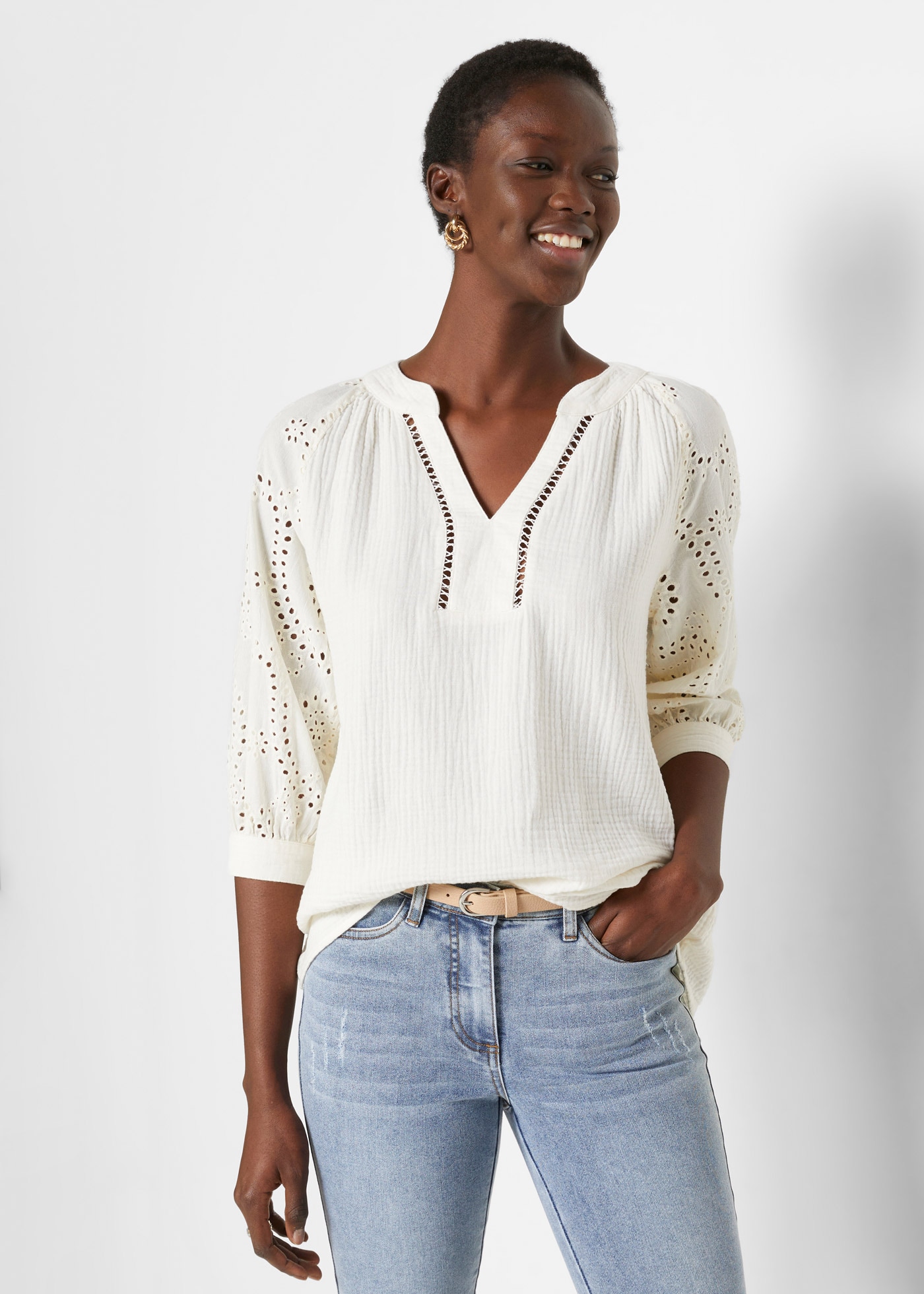 bonprix Tunika figurumspielende Passform, mit 3/4-Ärmeln, aus reiner Baumwolle