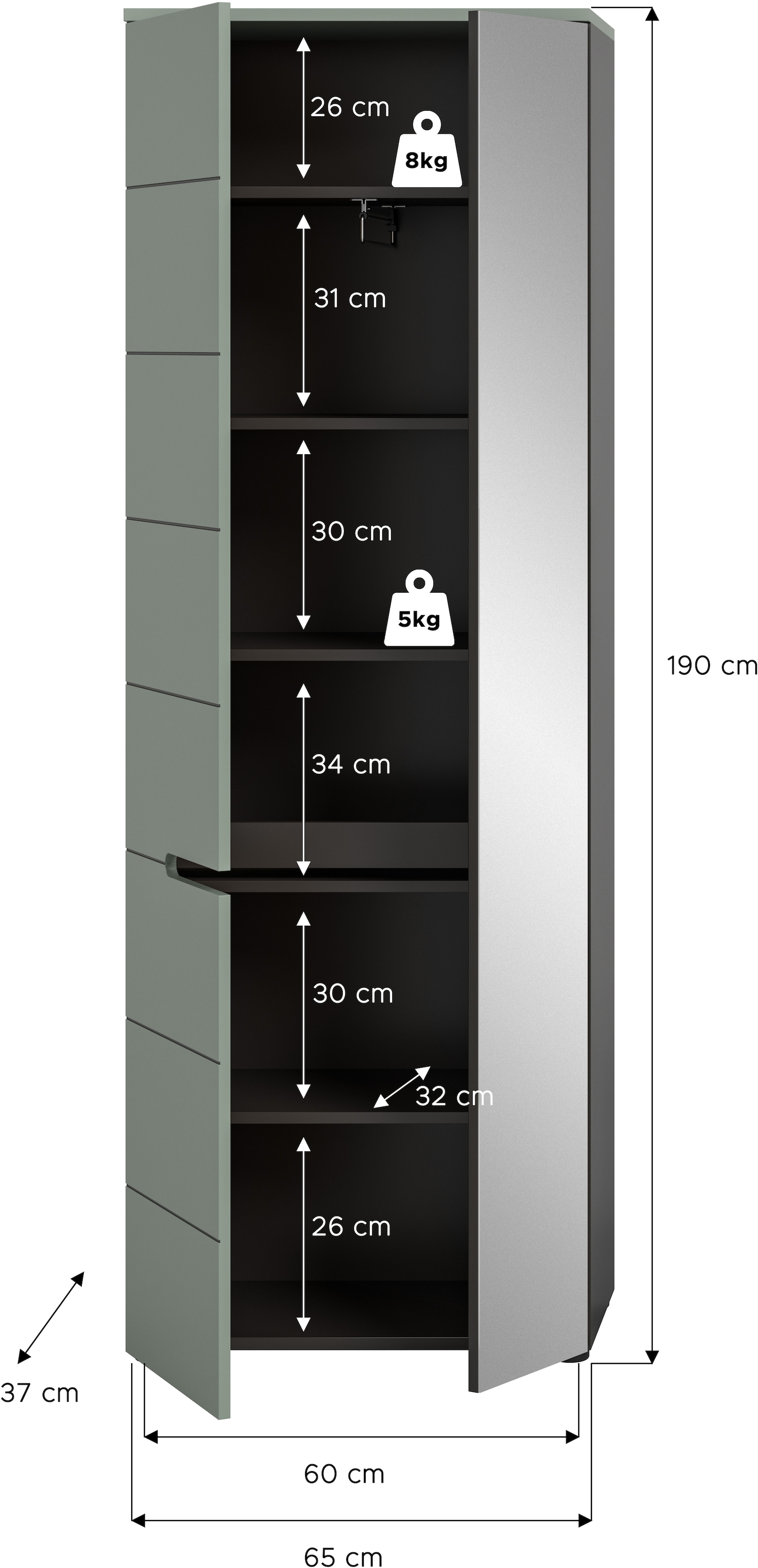 Home affaire Garderobenschrank »REHAT, TOPSELLER!, Höhe 190cm, 2 Türen, 6 Fächer, 1 Kleiderstange« in verschiedenen Farben erhältlich, 1 Stk. tlg. Garderobe, Flurschrank, Dielenschrank, Kleiderschrank, Garderobenmöbel