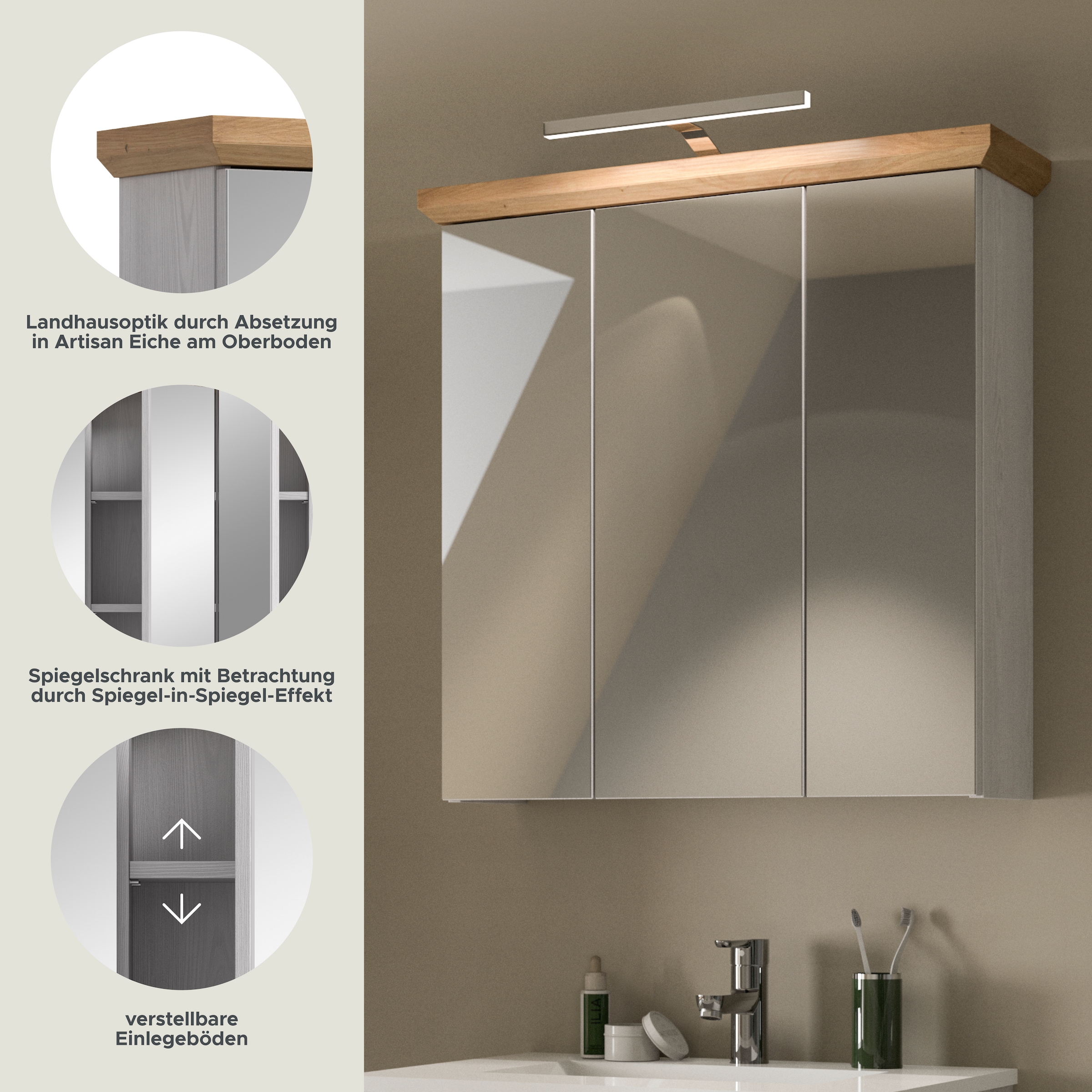 welltime Spiegelschrank »COSENZA, inkl. Beleuchtung, Breite 69cm, 3 Spiegeltüren, 9 Fächer« in Landhausoptik, mit weiteren Artikel der Serie kombinierbar, 2 Stk. tlg. Spiegelschrank, Spiegel, Bad, Badezimmer