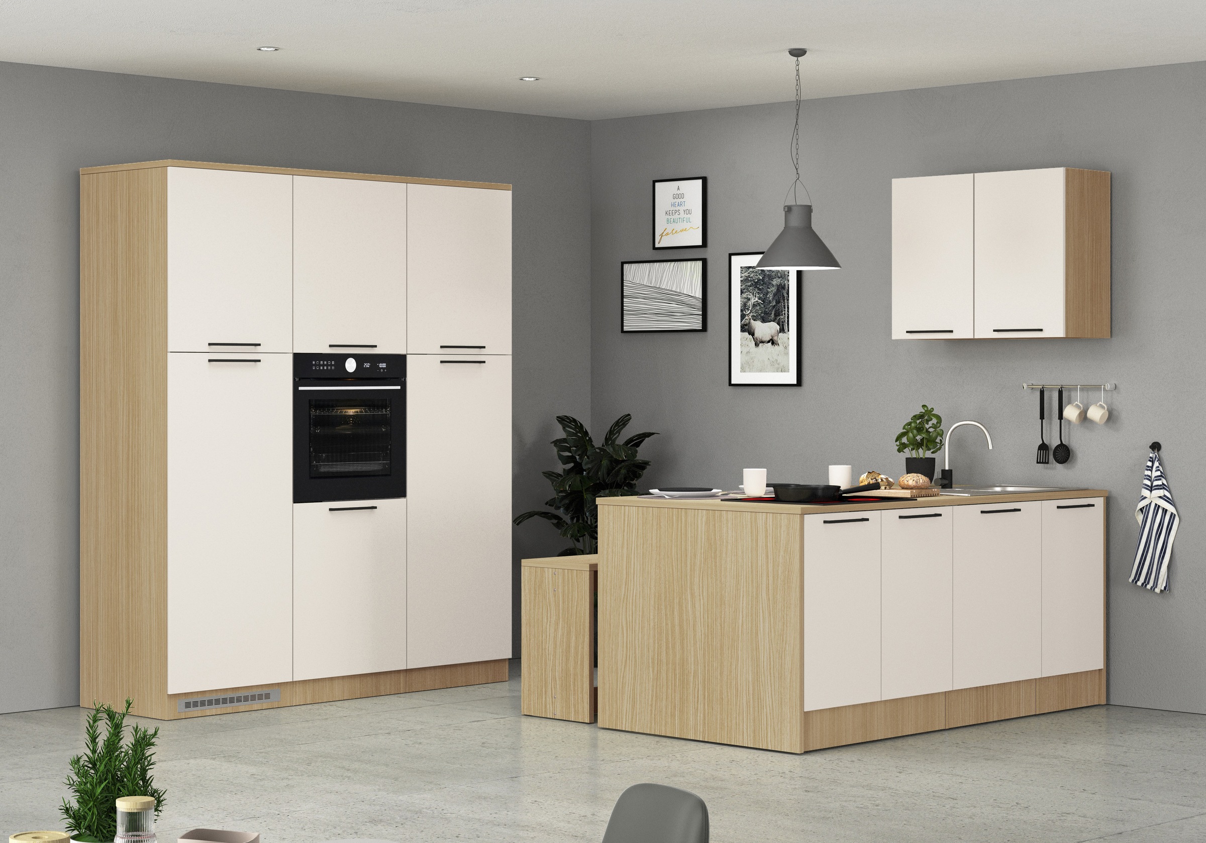 KOCHSTATION Küchenzeile "Luna, Küchenblock, Kücheninsel, Hängeschrank, Made in Italy" 3er-Set, Metallgriffe, Soft-Close-Funktion, inklusive Spüle