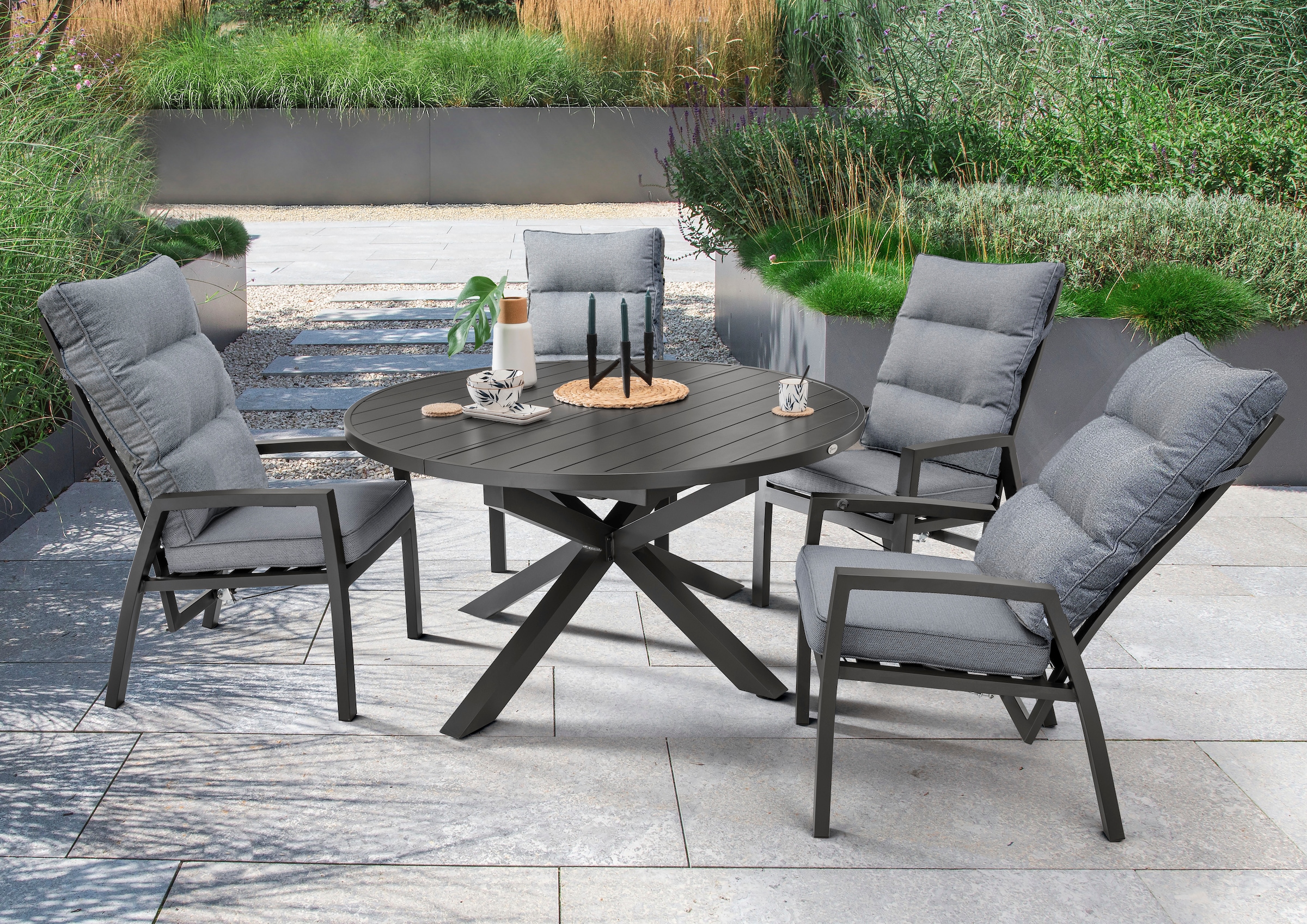 Destiny Garten-Essgruppe »GARDA ARONA« 9 Stk. tlg. 4 Hochlehner inkl. Auflagen, 1 Ausziehtisch 145/199x75 cm