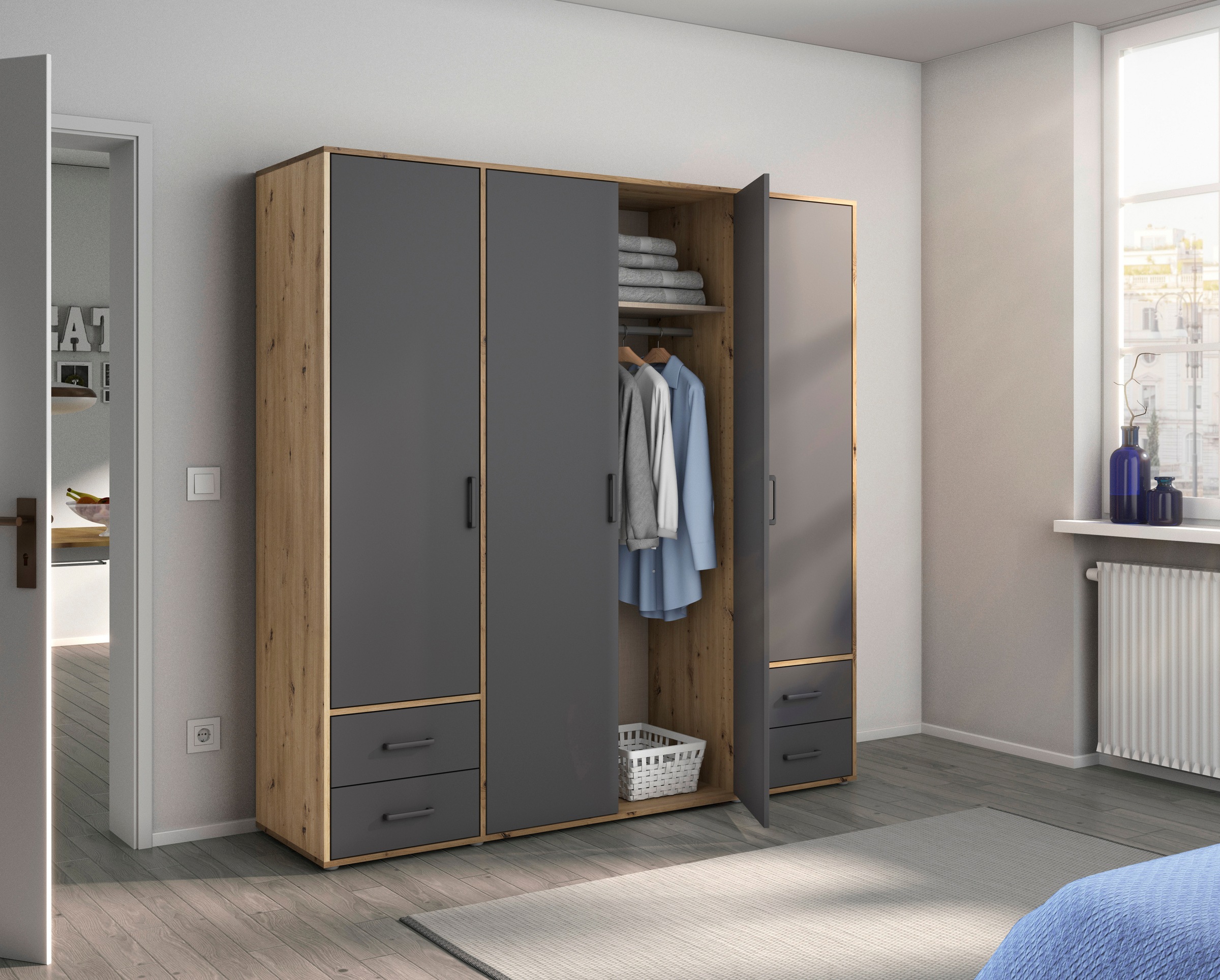 rauch Drehtürenschrank »Kleiderschrank Schrank Garderobe Wäscheschrank VOYAGER«, moderne Griffe in Graumetallic mit Außenschubkästen MADE IN GERMANY