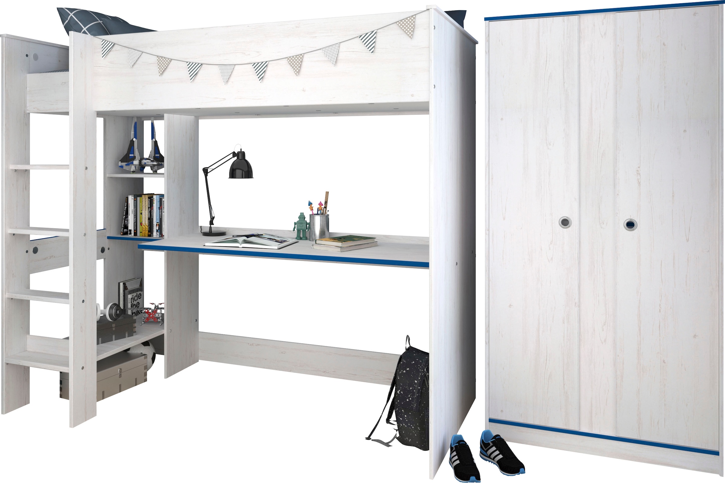 Parisot Jugendzimmer-Set »Smoozy«, (Set, 2 St., Hochbett mit integr. Schreibtisch und Kleiderschrank)