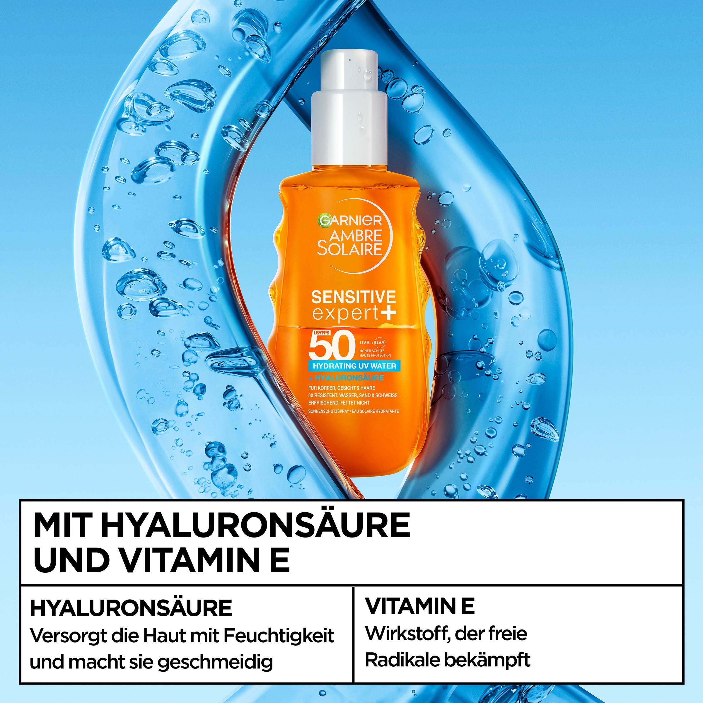 GARNIER Sonnenschutzspray »AMBRE SOLAIRE SENSITIVE EXPERT + HYDRATING UV WATER LSF 50« mit LSF 50, für Körper, Gesicht und Haare geeignet