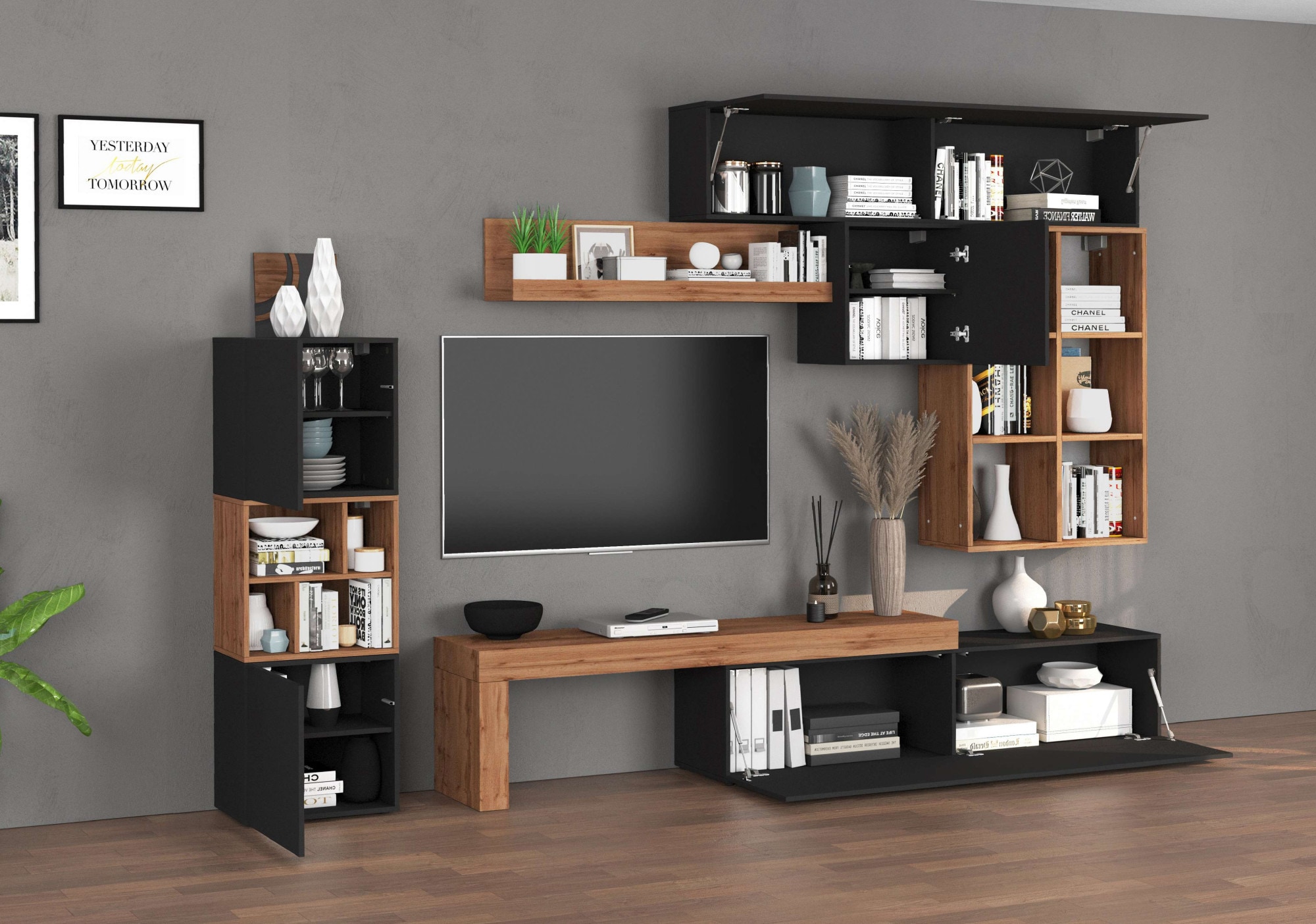 INOSIGN Wohnwand »Chronos Wohnwand, Medienwand, 8-er set«, (Set, 8 St.), ca. 320 cm mit Hängeschränke, Würfel, Regal, Lowboard, Made in Italy