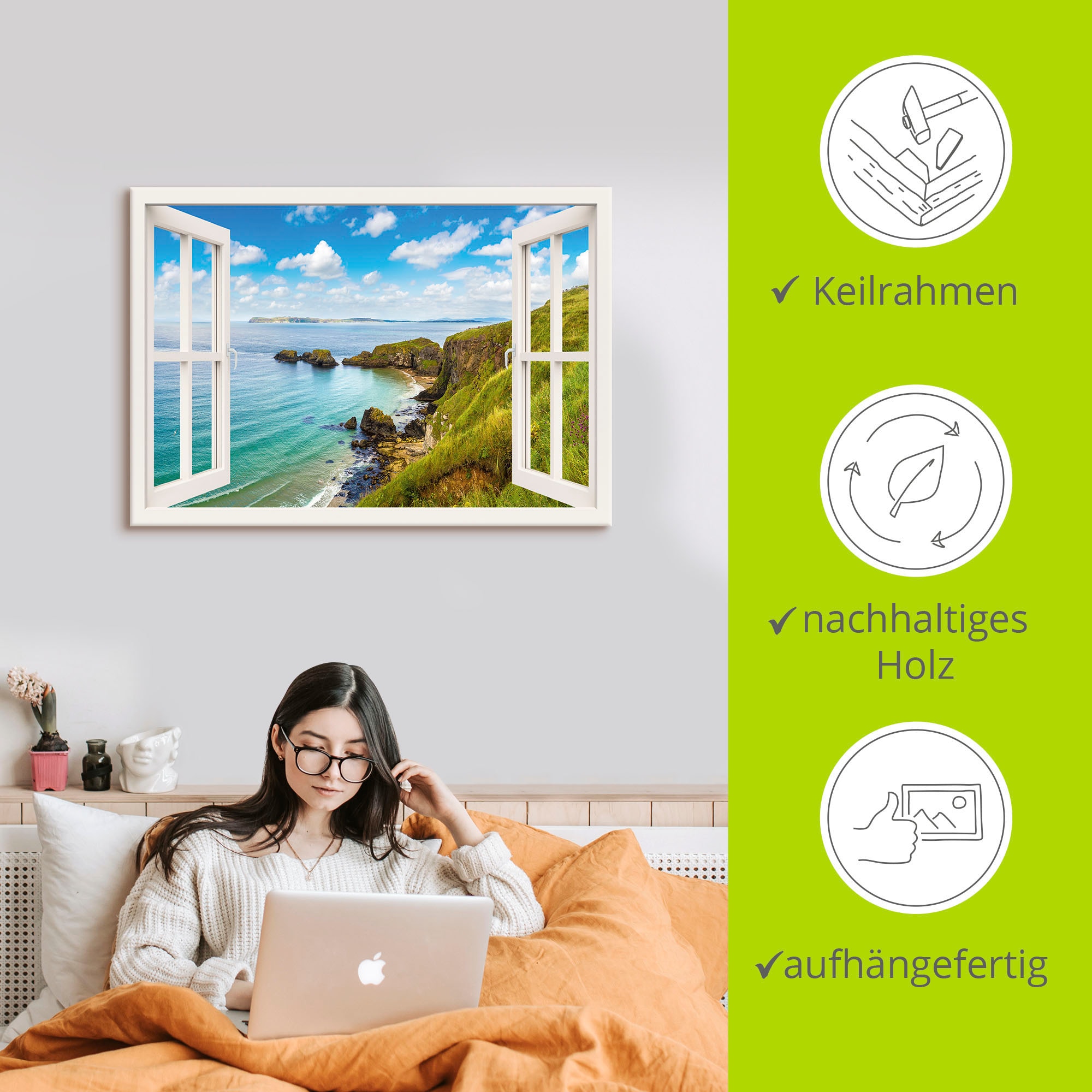 Artland Wandbild »Küstenweg in Nordirland durchs Fenster«, Meer Bilder, (1 St.), als Leinwandbild, Wandaufkleber oder Poster in versch. Größen