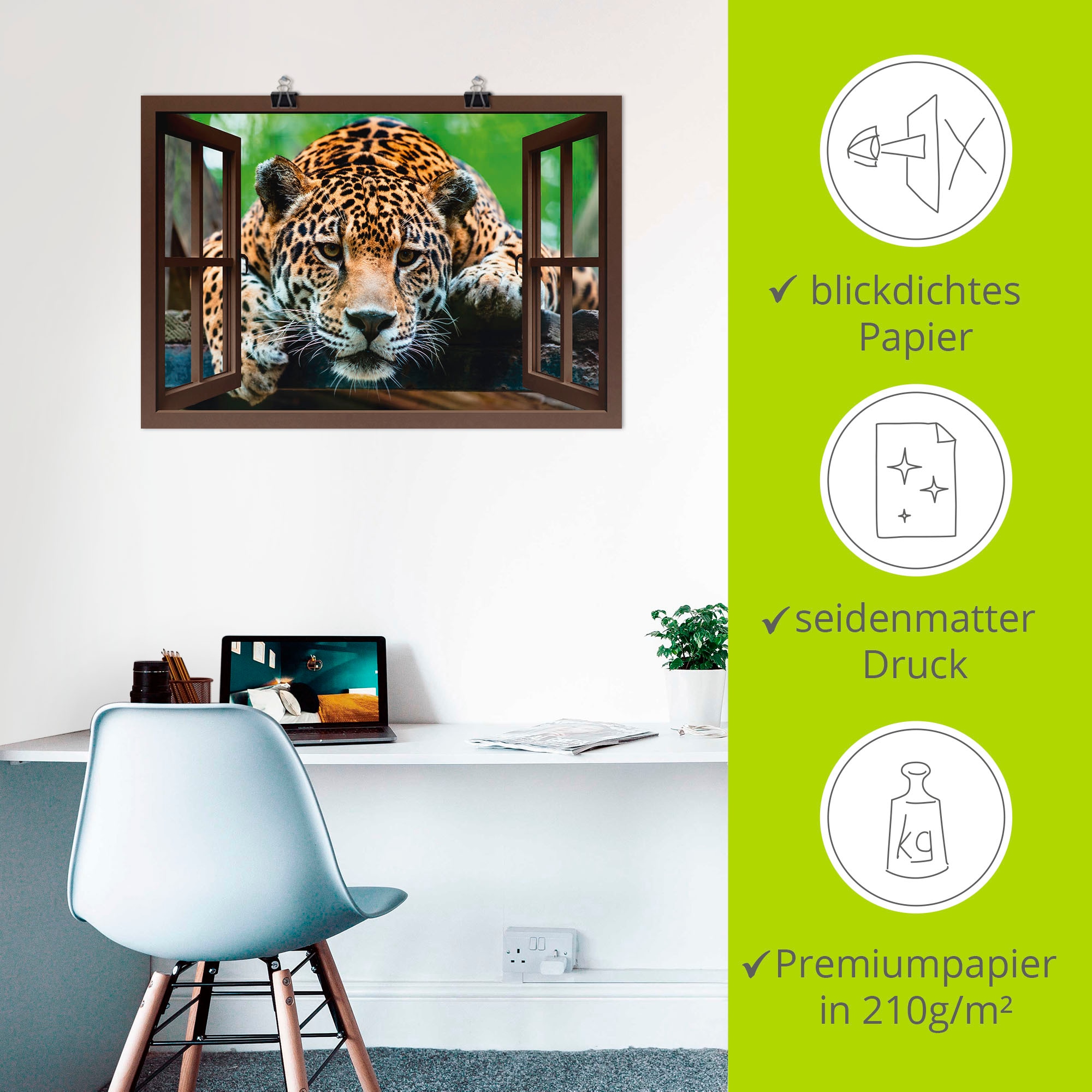 Artland Poster »Fensterblick - Südamerikanischer Jaguar« Wildtiere 1 Stk. tlg. als Alubild, Leinwandbild, Wandaufkleber oder Poster in versch. Größen