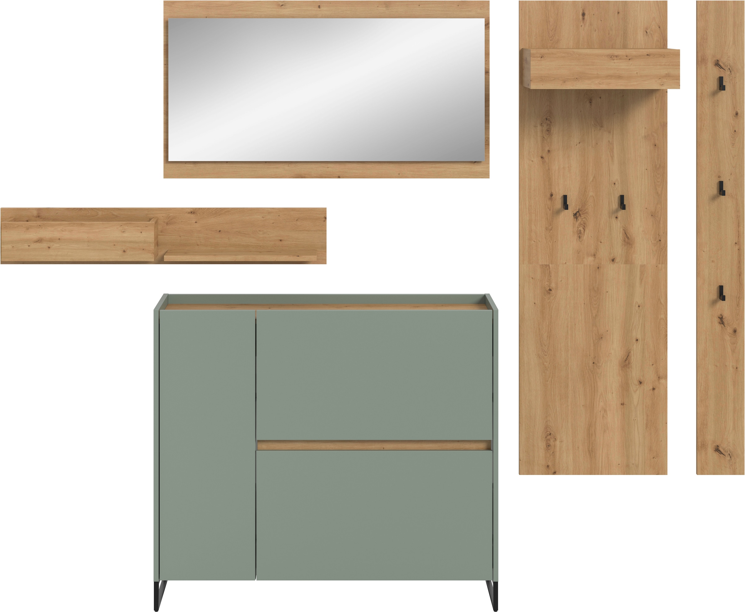 INOSIGN Garderoben-Set »EVRID, 5-teilig, Breite 236 cm, individuell stellbar & erweiterbar« best. aus: Wandboard, Kommode, Spiegel, Garderobenpaneel, Hakenleiste, 5 Stk. tlg.