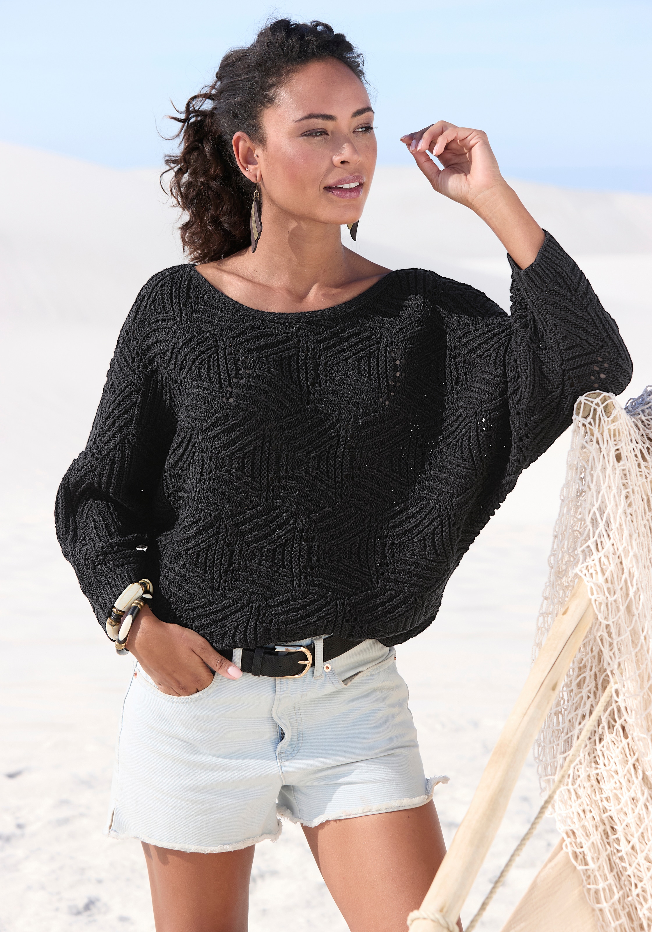 LASCANA Fledermauspullover »mit aufwendigem Strickmuster, Lochstrickmuster« modischer Ajourpullover, Oversize-Pullover, Strickpullover, Frühling