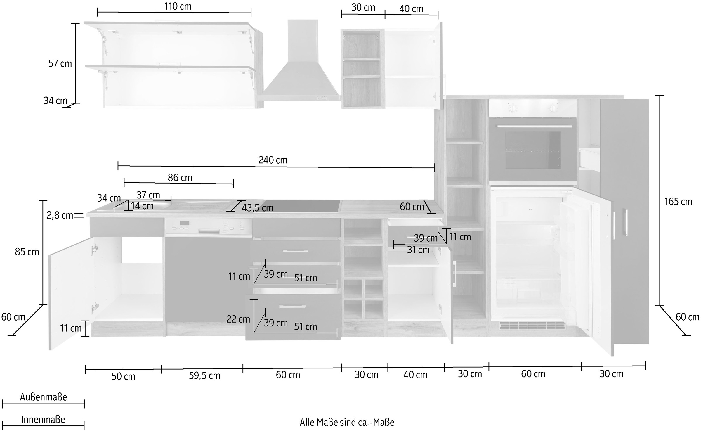 KOCHSTATION Küchenzeile »KS-Colmar« ohne E-Geräte, Breite 360 cm