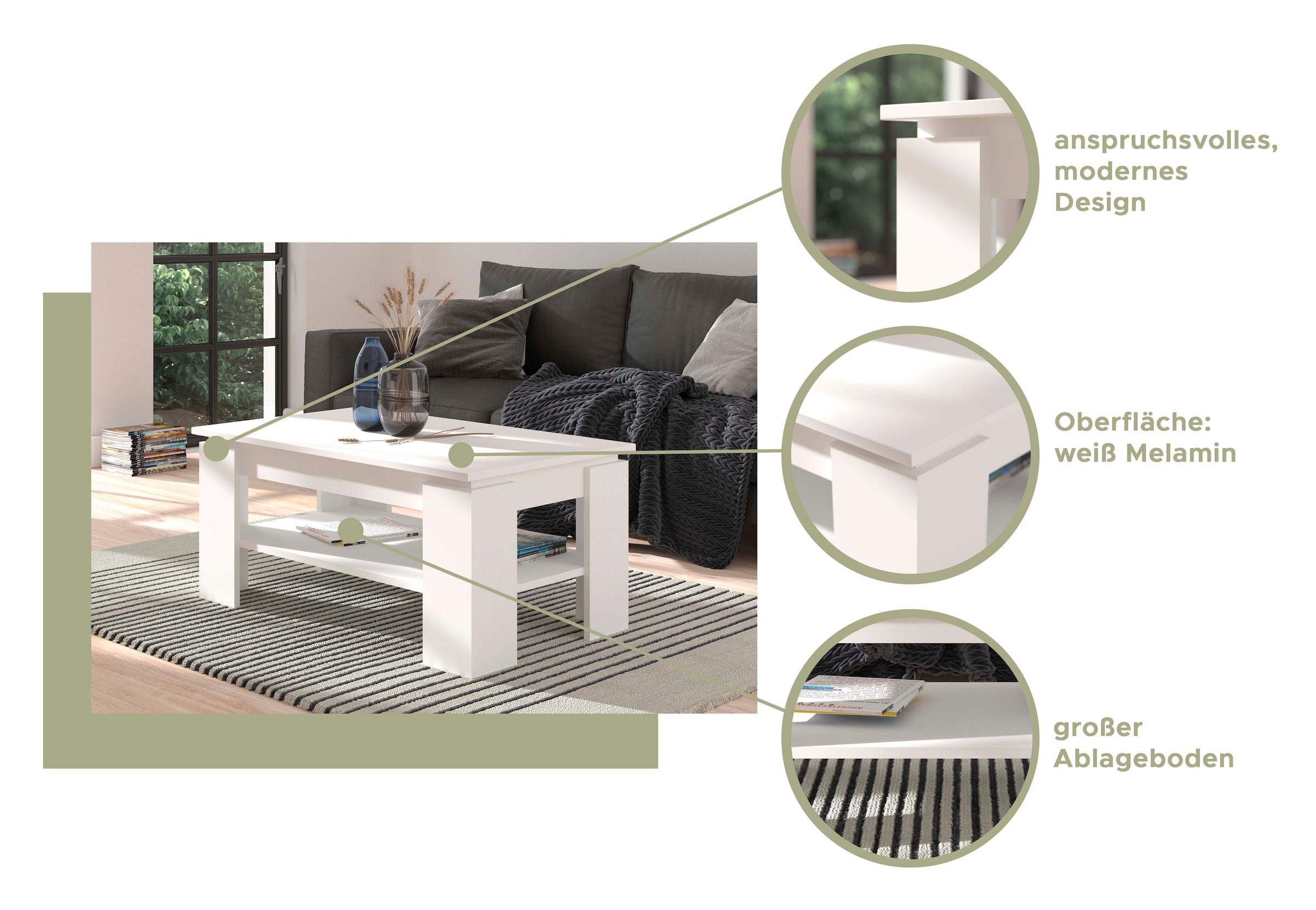 INOSIGN Couchtisch »Kalmar, rechteckig, 100 x 60 cm, 1 Ablageboden«, Sofatisch, Beistelltisch, Kaffetisch, Wohnzimmertisch, coffee table