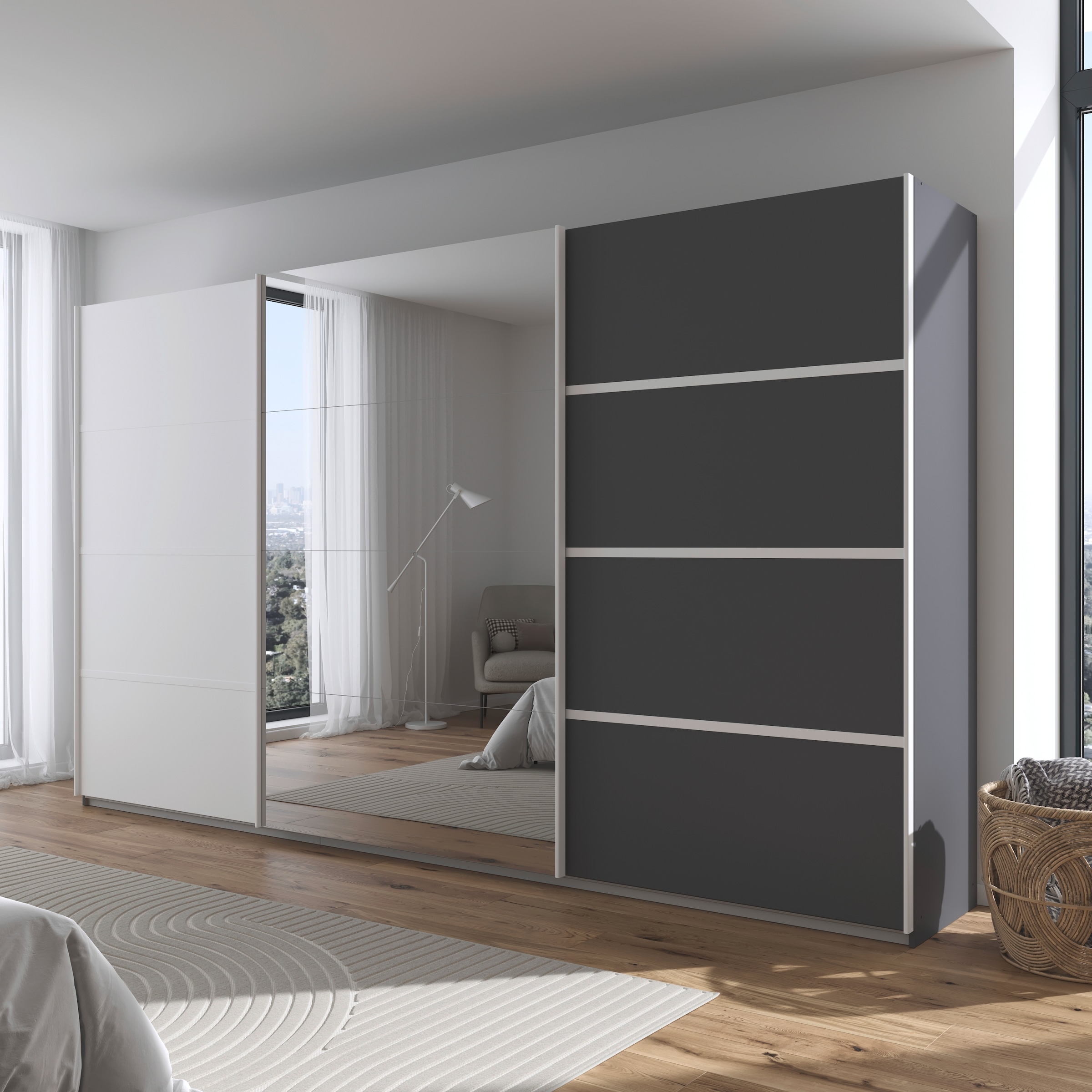 rauch Kleiderschrank »Schwebetürenschrank OTTO´s Choice Garderobe Schrank TOP ANGEBOT Avola«, (in 3 verschiedenen Ausstattungen BASIC/CLASSIC/PREMIUM inkl. Spiegel), mit eleganten Zierleisten in Chrom, Schwarz oder Weiß MADE IN GERMANY