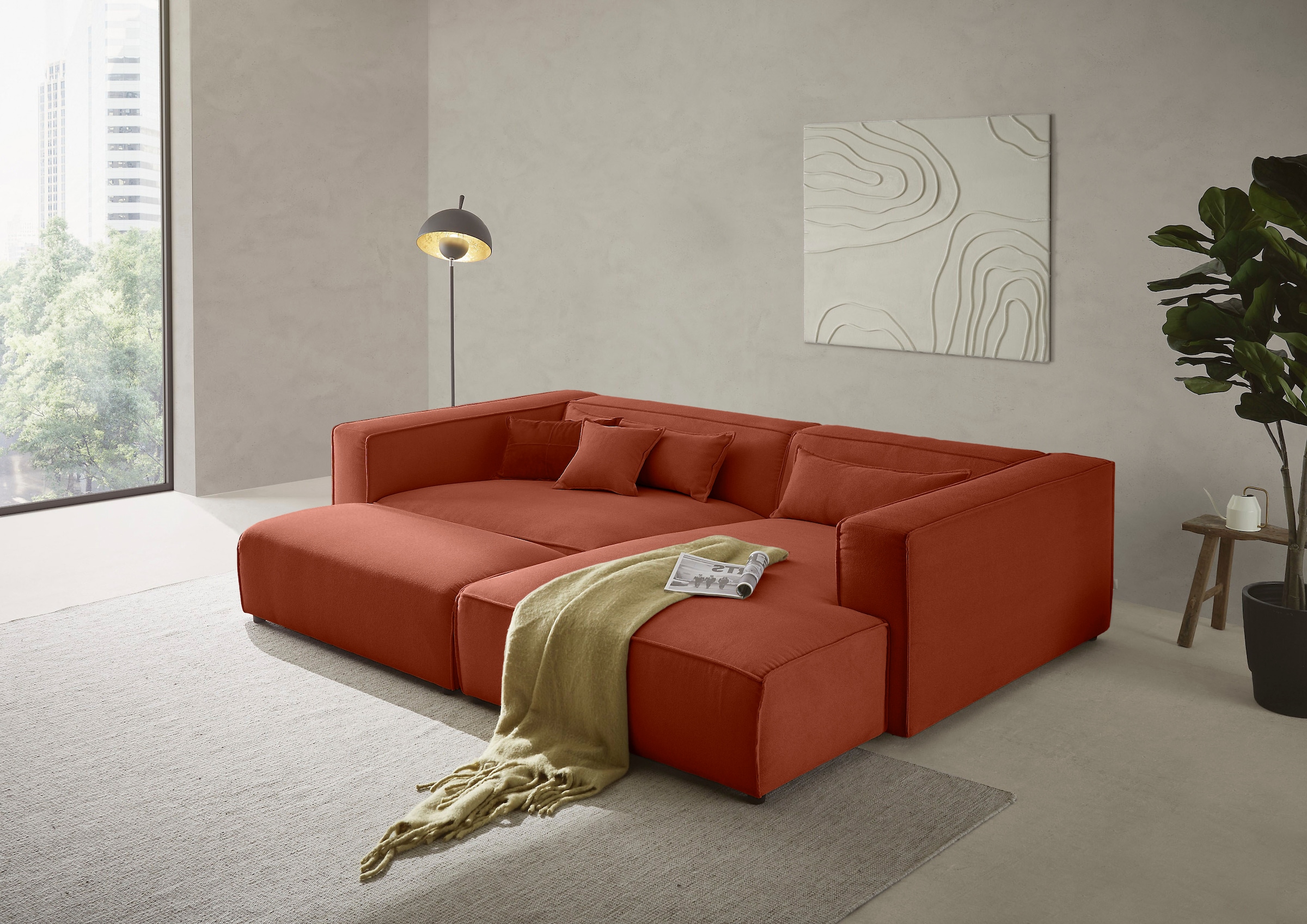 LeGer Home by Lena Gercke Ecksofa »PIARA XXL Struktur, L-Form, Schlaffunktion« Hocker stellbar zum Schlafsofa (Krokodilverbinder), tiefe Sitzfläche