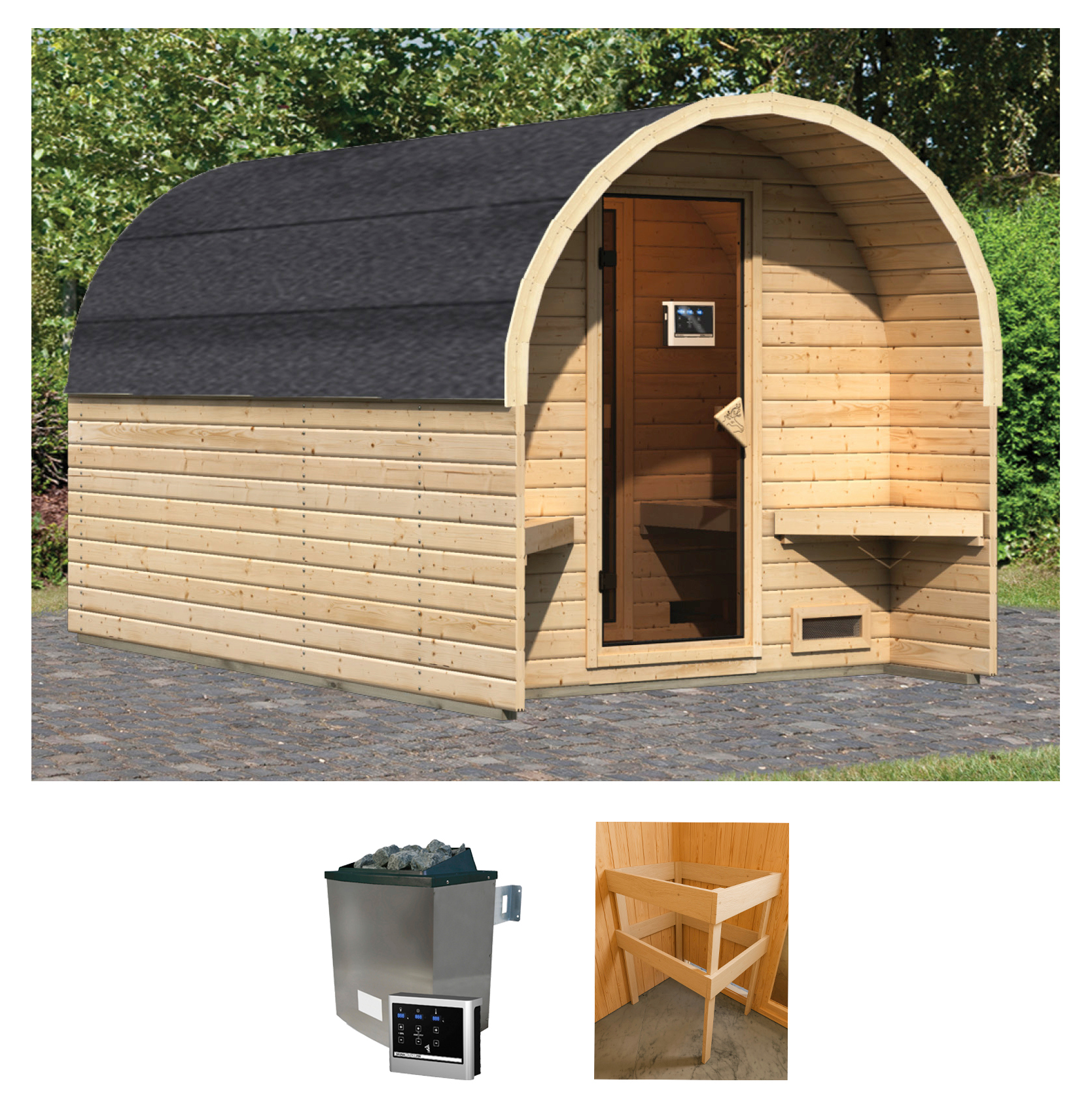 Fasssauna »Fasshaus 3«, (Set, 2 St.), 9-kW-Ofen mit externer Steuerung
