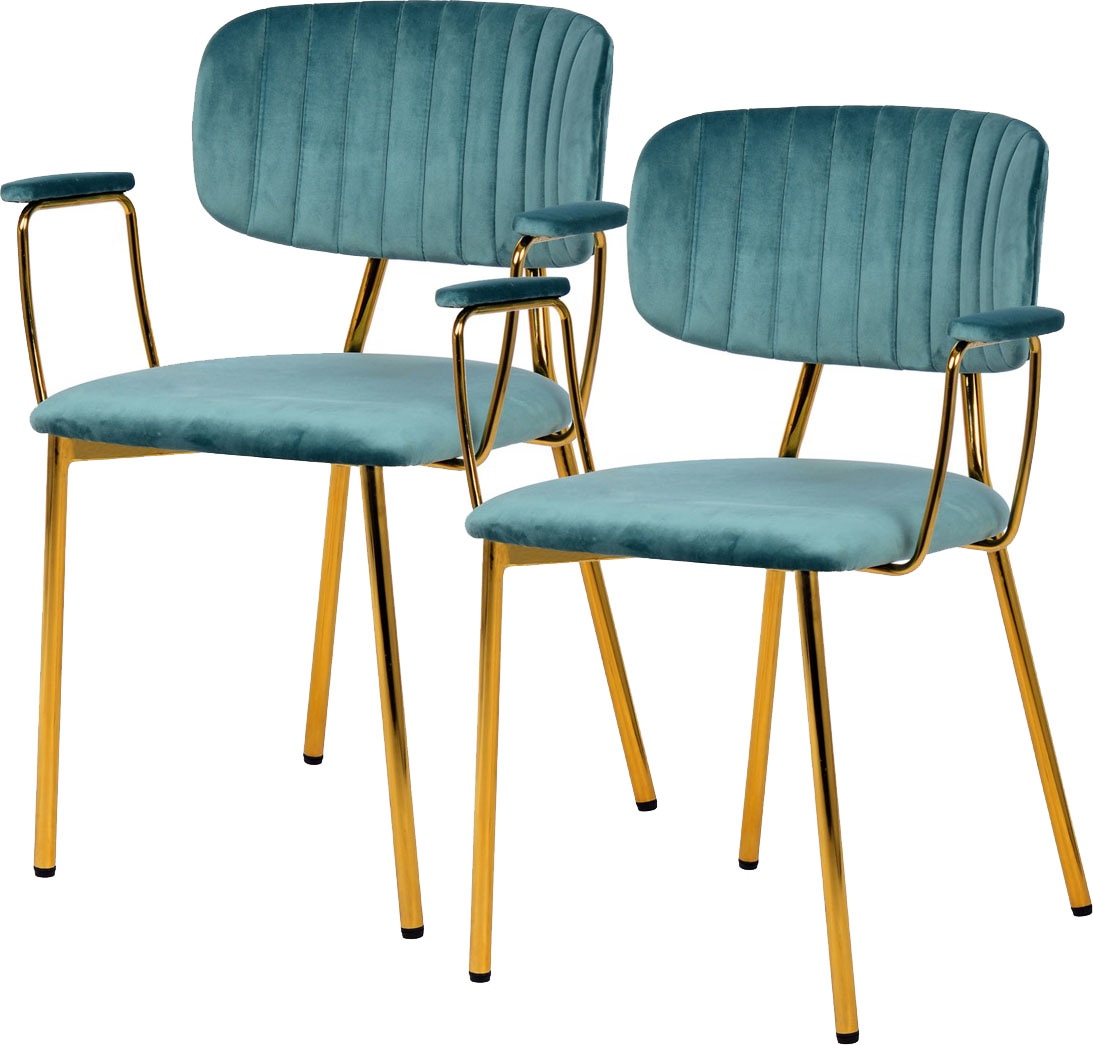 Kayoom Polsterstuhl »Stuhl Giselle 225 2er-Set, Gestell aus Edelstahl«, (Set), 2 St., mit Armlehnen, goldenes Gestell aus Edelstahl, Samtbezug, Ziernähte