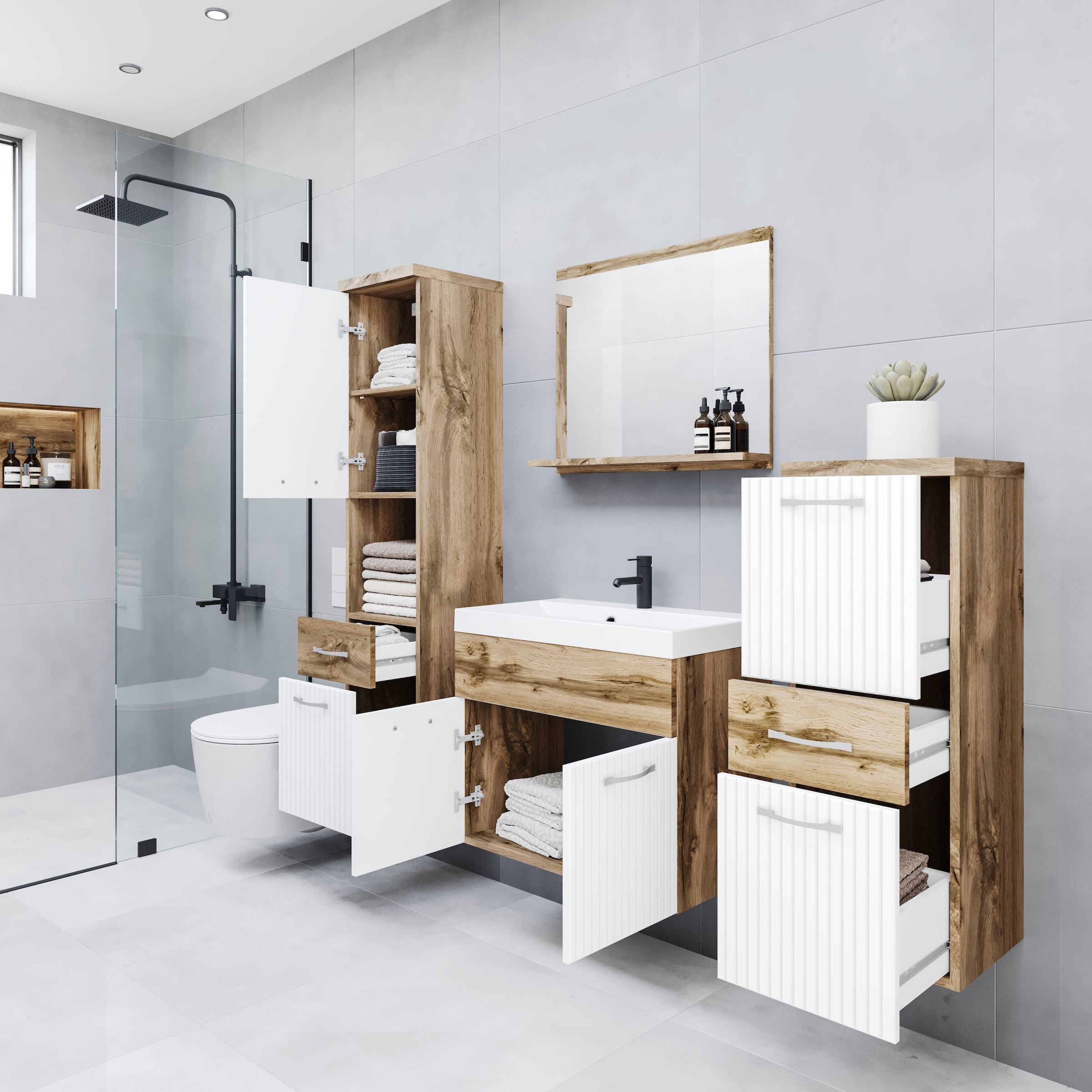 welltime Badmöbel-Set »ELDA«, (Komplett-Set, 5 St.), Waschtisch inkl. Waschbecken, Hochschrank, Badschrank und Spiegel