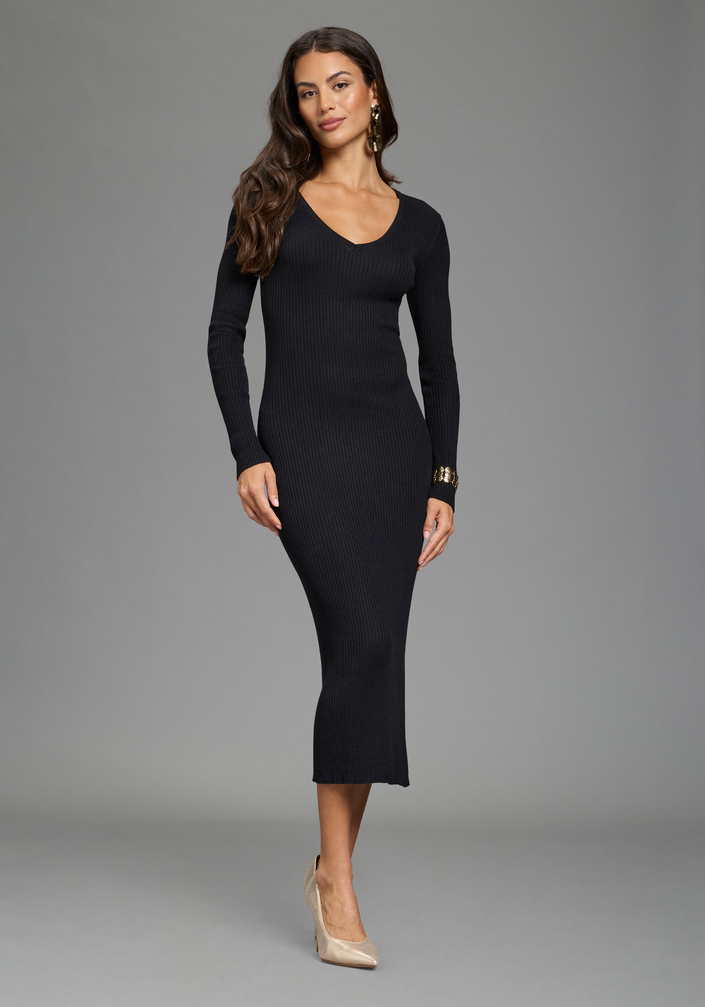 AJC Strickkleid in Midilänge mit seitlichem Schlitz und Vneck