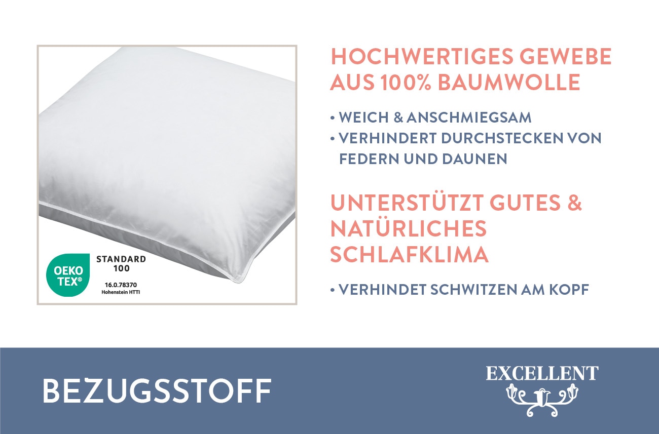 Excellent Federkopfkissen »Venedig Kissen in 6 Größen erhältlich und im Spar Set!«, Füllung: 85% Federn, 15% Daunen, Bezug: 100% Baumwolle, (1 St.), Kopfkissen 40x40, 40x80, 80x80, allergiker geeignet (Hausstaub)