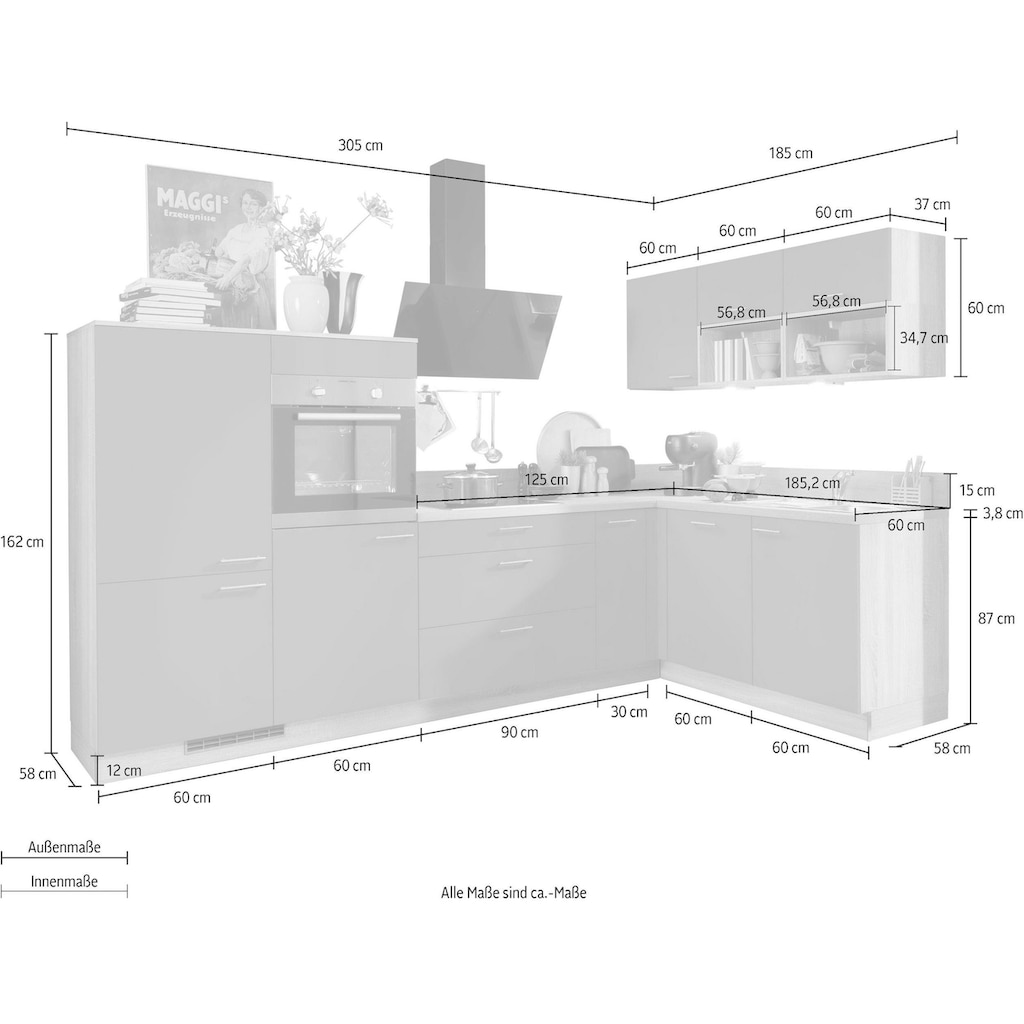 Kochstation Küchenzeile »KS-Scafa, vormontiert, mit höhenverstellbaren Füßen«, vormontiert, wahlweise mit E-Geräten, Stellbreite 305 x 185 cm