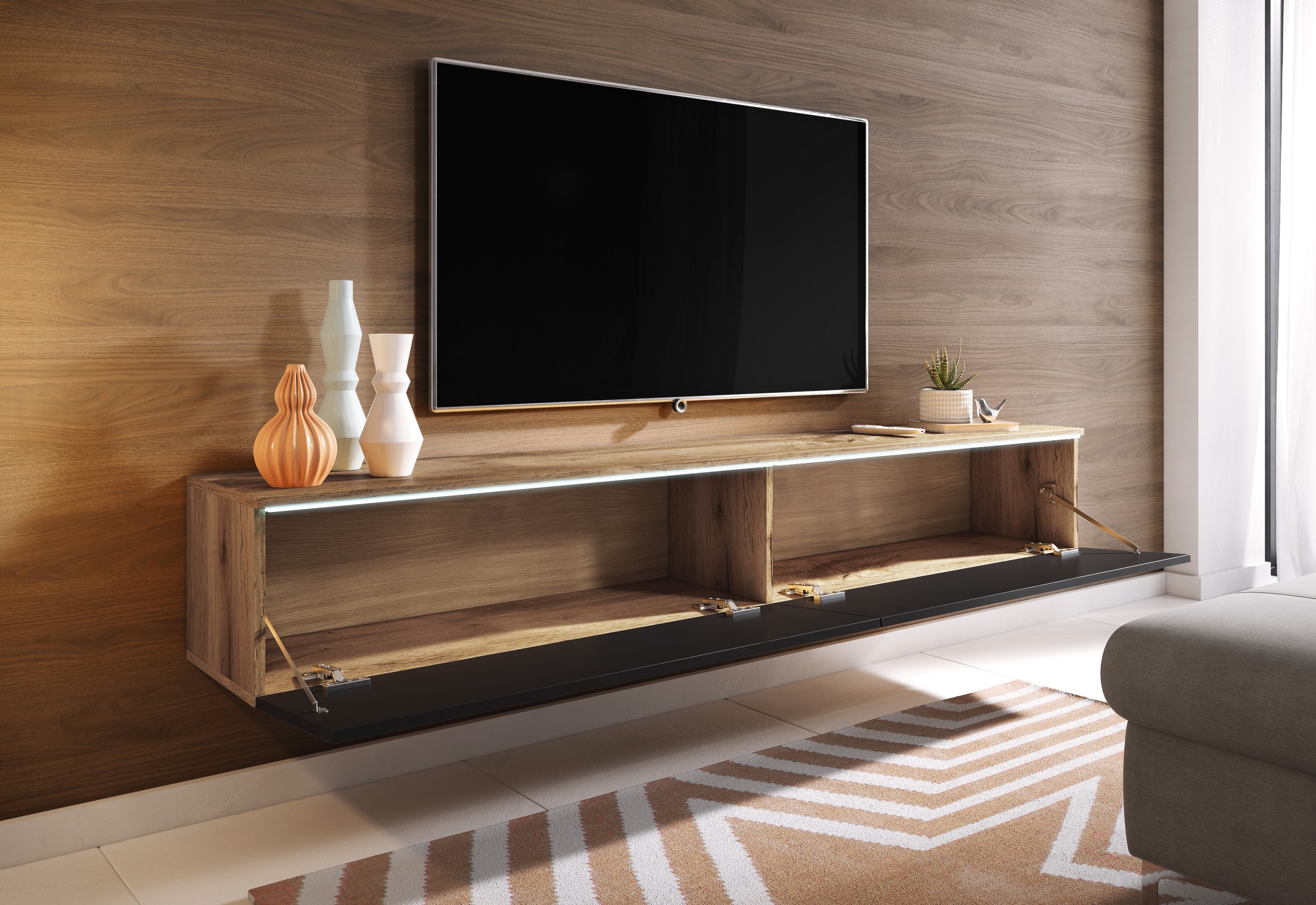 INOSIGN Lowboard »LOWBOARD VERA, wahlweise mit oder ohne Beleuchtung«, Modernes griffloses TV-Board, 180 cm TV-Schrank, stehend und hängend