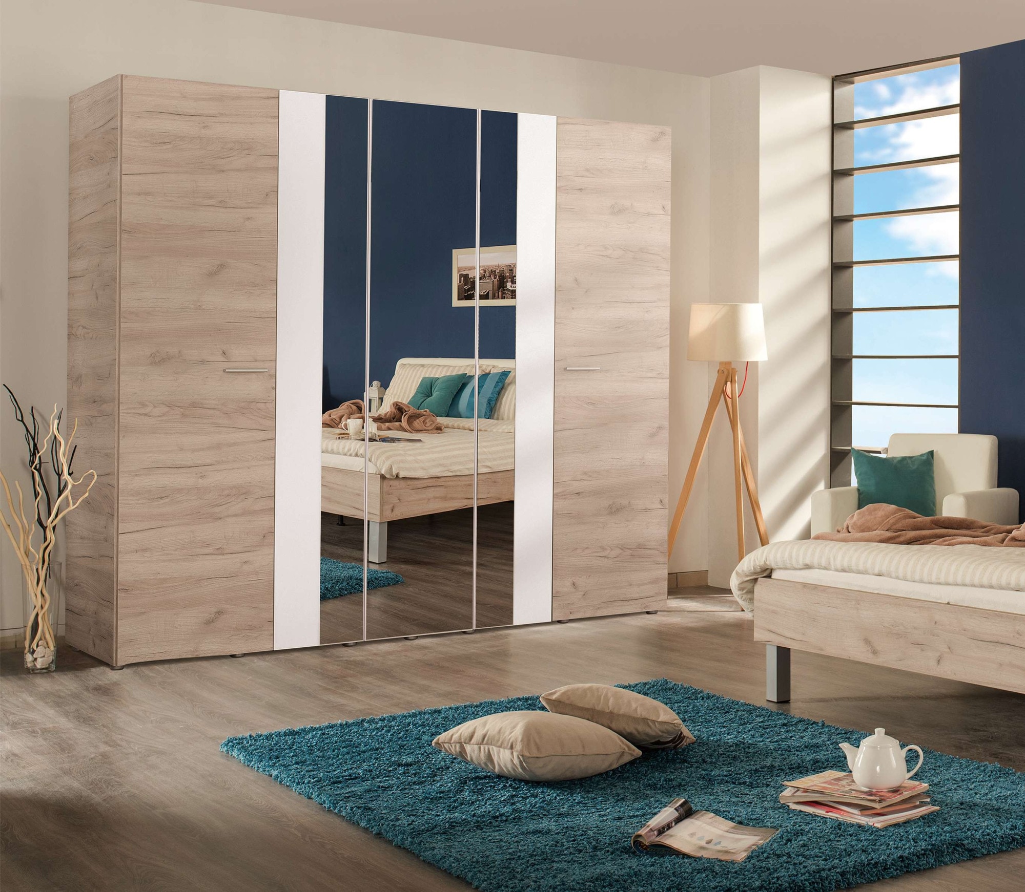 Home affaire Kleiderschrank »Dante Garderobenschrank, Stauraumschrank, Drehtürenschrank, Schrank« 2 Kleiderstangen, 6 Einlegeböden, Spiegel, Breite 223,5 cm