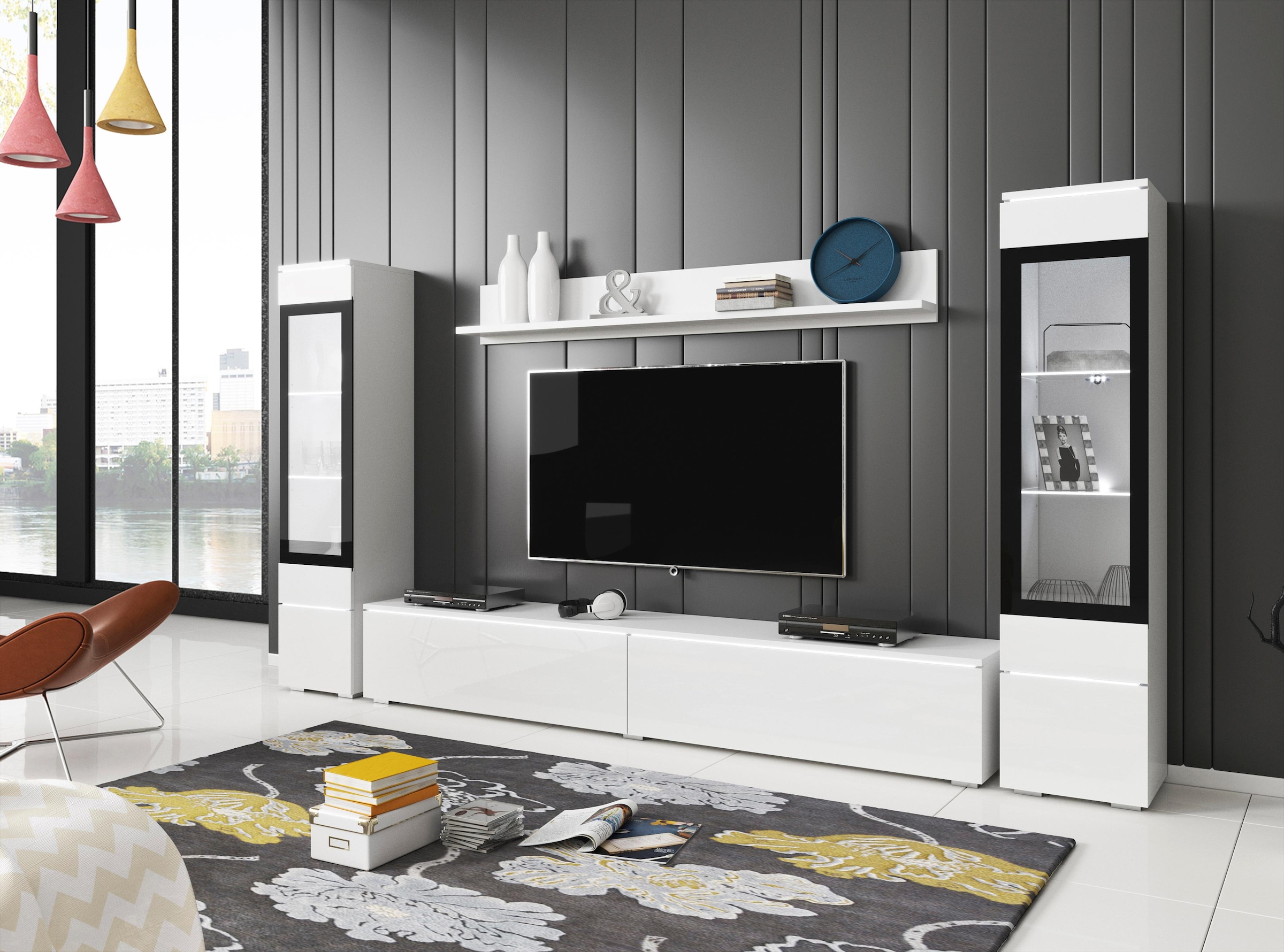 INOSIGN Wohnwand »VERA II, Vitrinen Türanschlag wechselbar«, (Komplett-Set, 4 St.), Mediawand 260 cm, Vitrine mit Verglasung, stehend und hängend