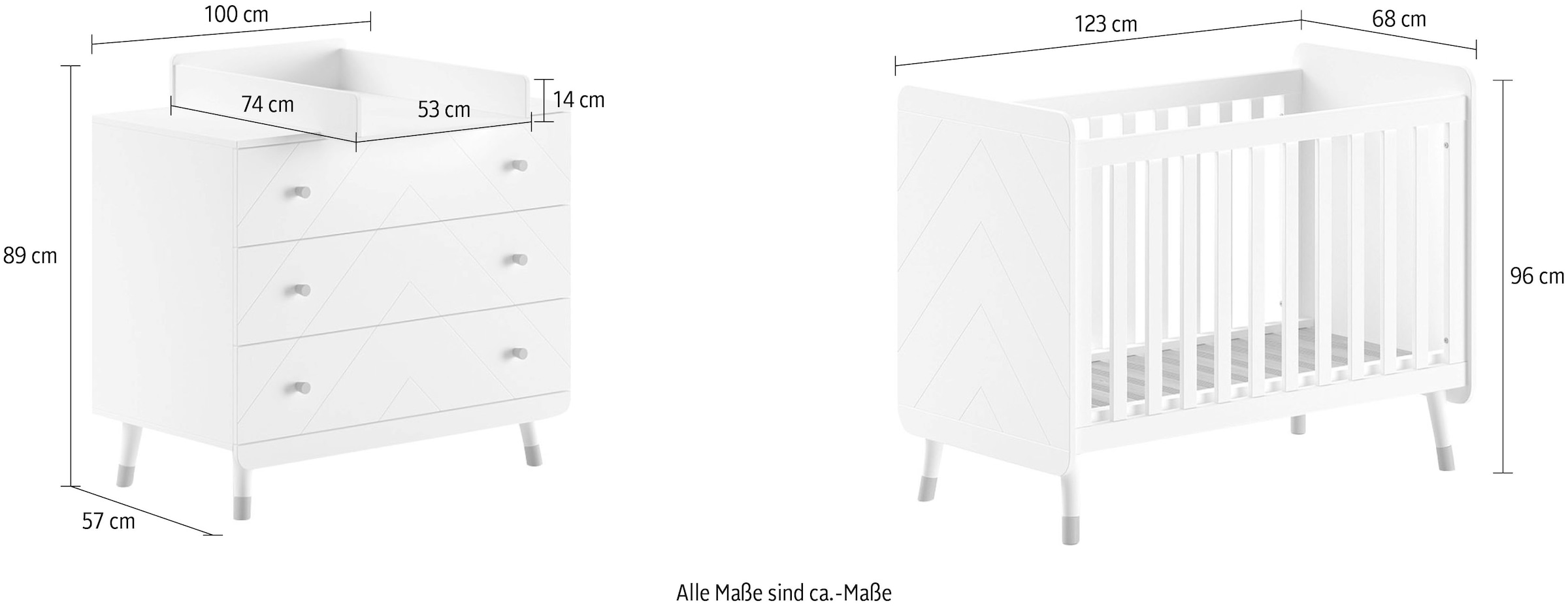 Vipack Babymöbel-Set, (Made in Europe), 3- tlg. bietet alles für Ihr Kinderzimmer, Ausf. satin weiß lackiert
