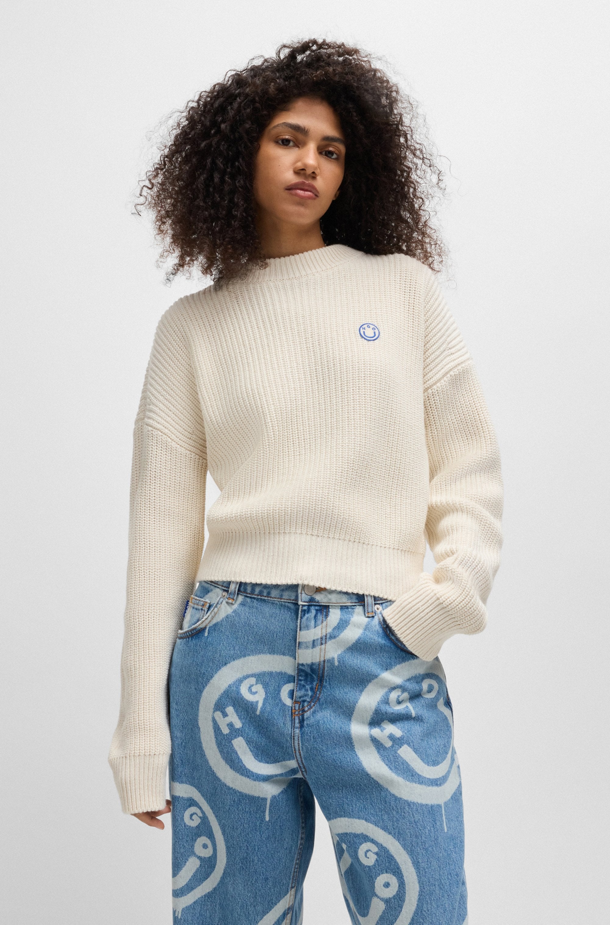 HUGO Blue Strickpullover »Slogery«, mit "Happy Hugo" Badge
