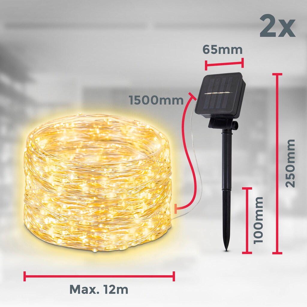 B.K.Licht LED-Lichterkette »BK_SL1484 12 meter Solar-Lichterketten, 2er-Set, IP44, Erdspieß«, 240 St.-flammig