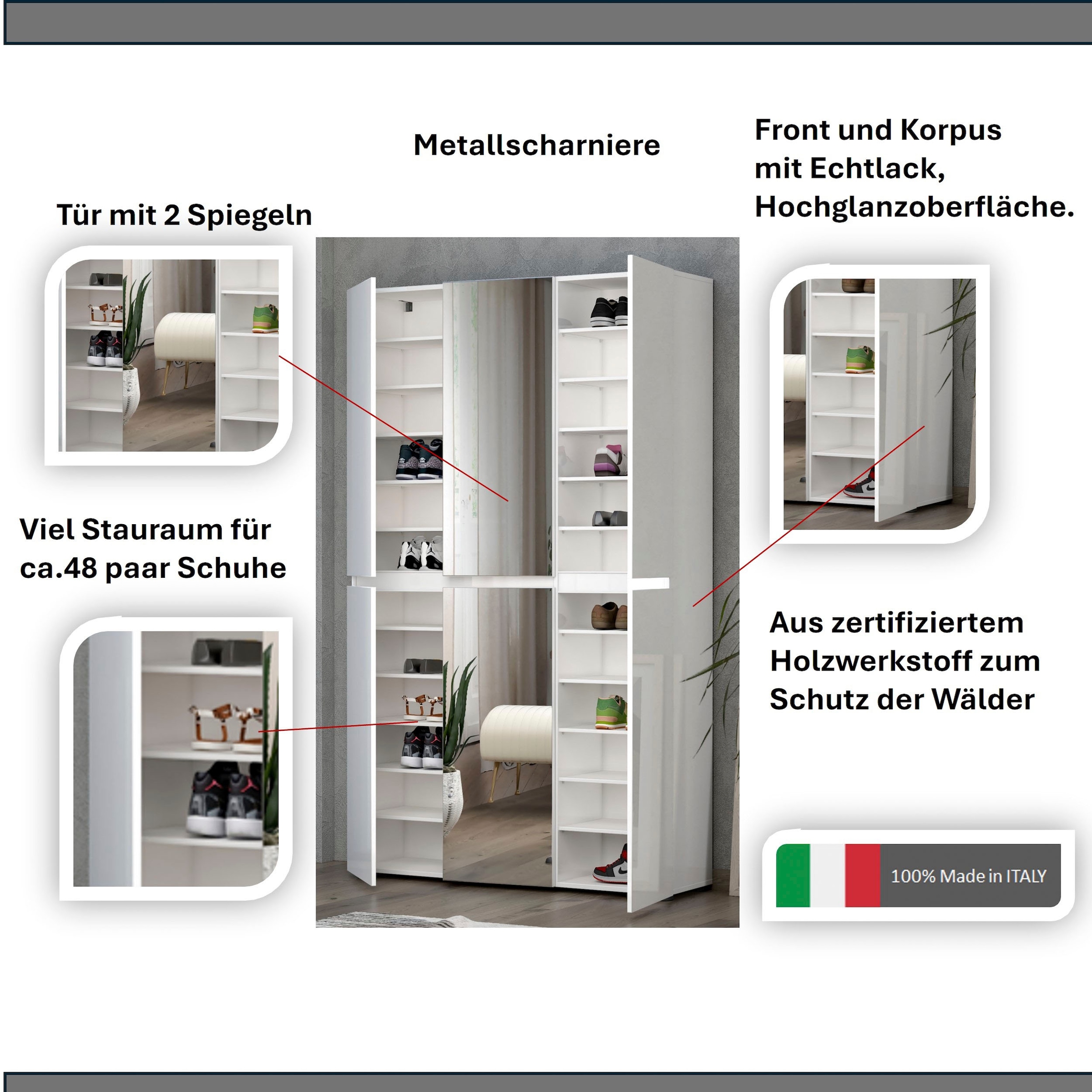 INOSIGN Schuhschrank »Mister,Schuhkommode,Schuhmöbel,Schuhablage,Schuhregal«, Breite 120 cm, Höhe 200 cm, Tiefe 34 cm, 6 Türen, 24 Fächer, 2 Spiegel