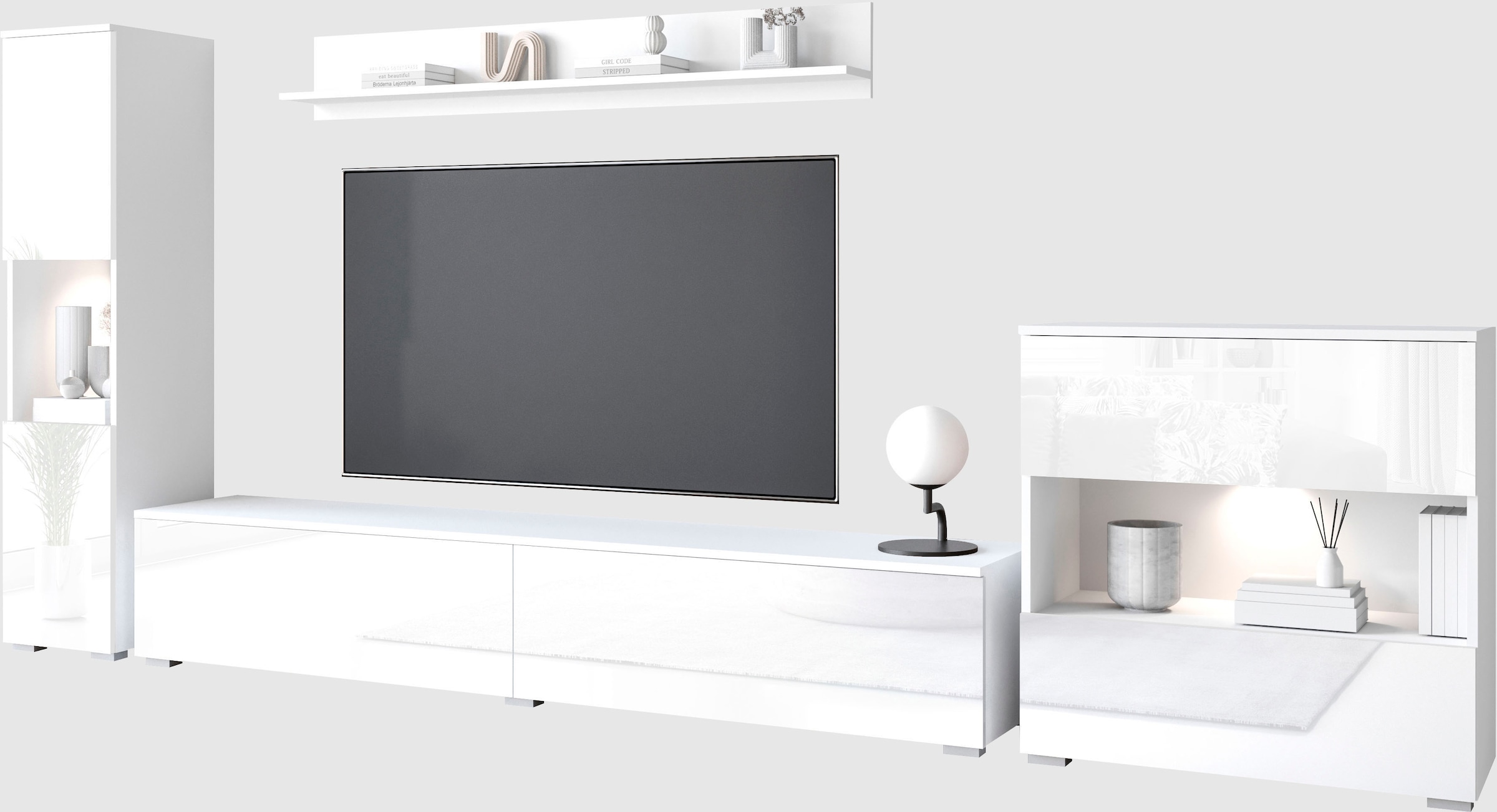 INOSIGN Wohnwand »PARIS, Vitrine Türanschlag links/rechts wechselbar«, (Komplett-Set, 4 St.), grifflose Design, stehend und hängend montierbar