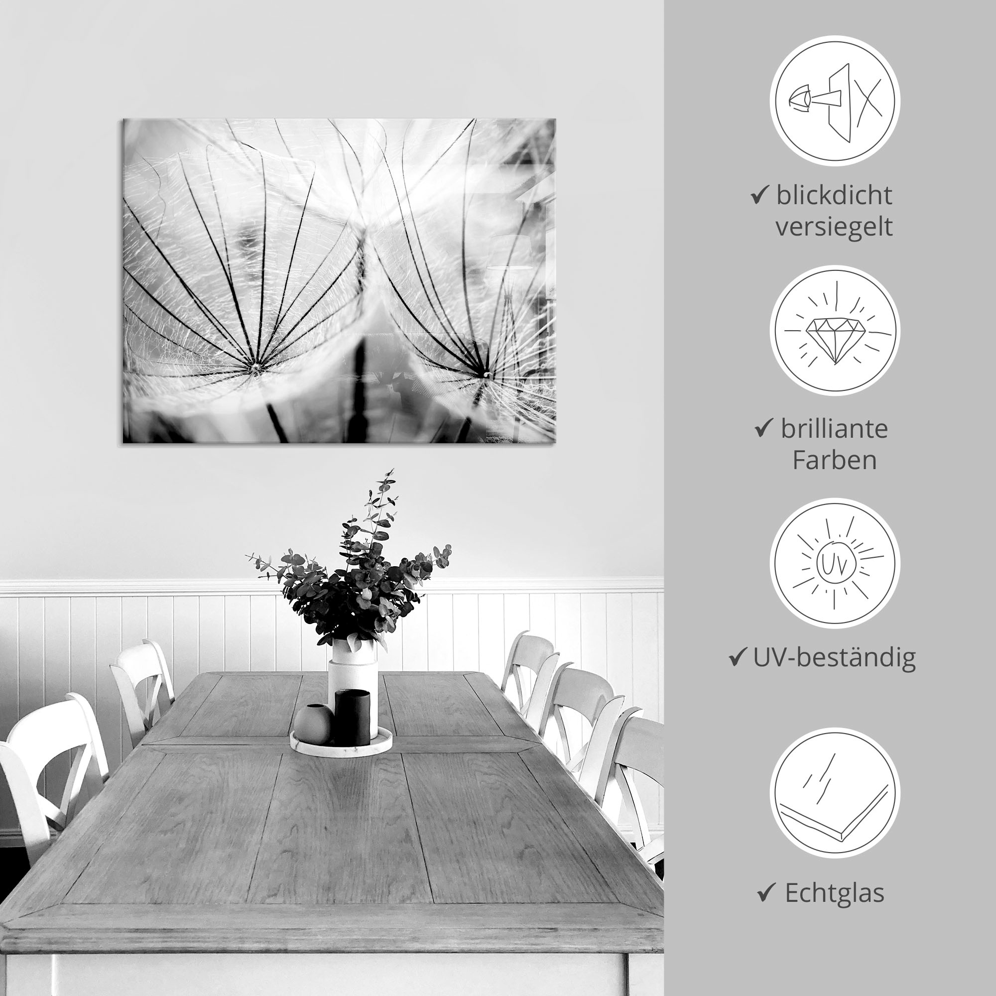 Artland Glasbild »Pusteblume in schwarzweiß« Blumen 1 Stk. tlg. in verschiedenen Größen