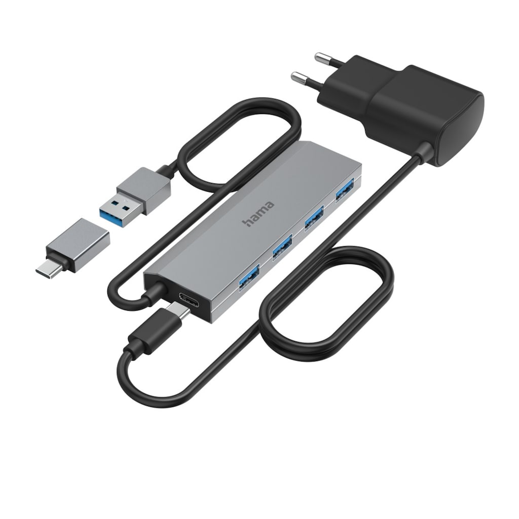 Hama USB-Adapter »USB Hub mit Netzteil und Adapter grau, 4 Ports mit USB C und USB Typ A«, USB Typ A-USB Typ C zu USB Typ A, 100 cm
