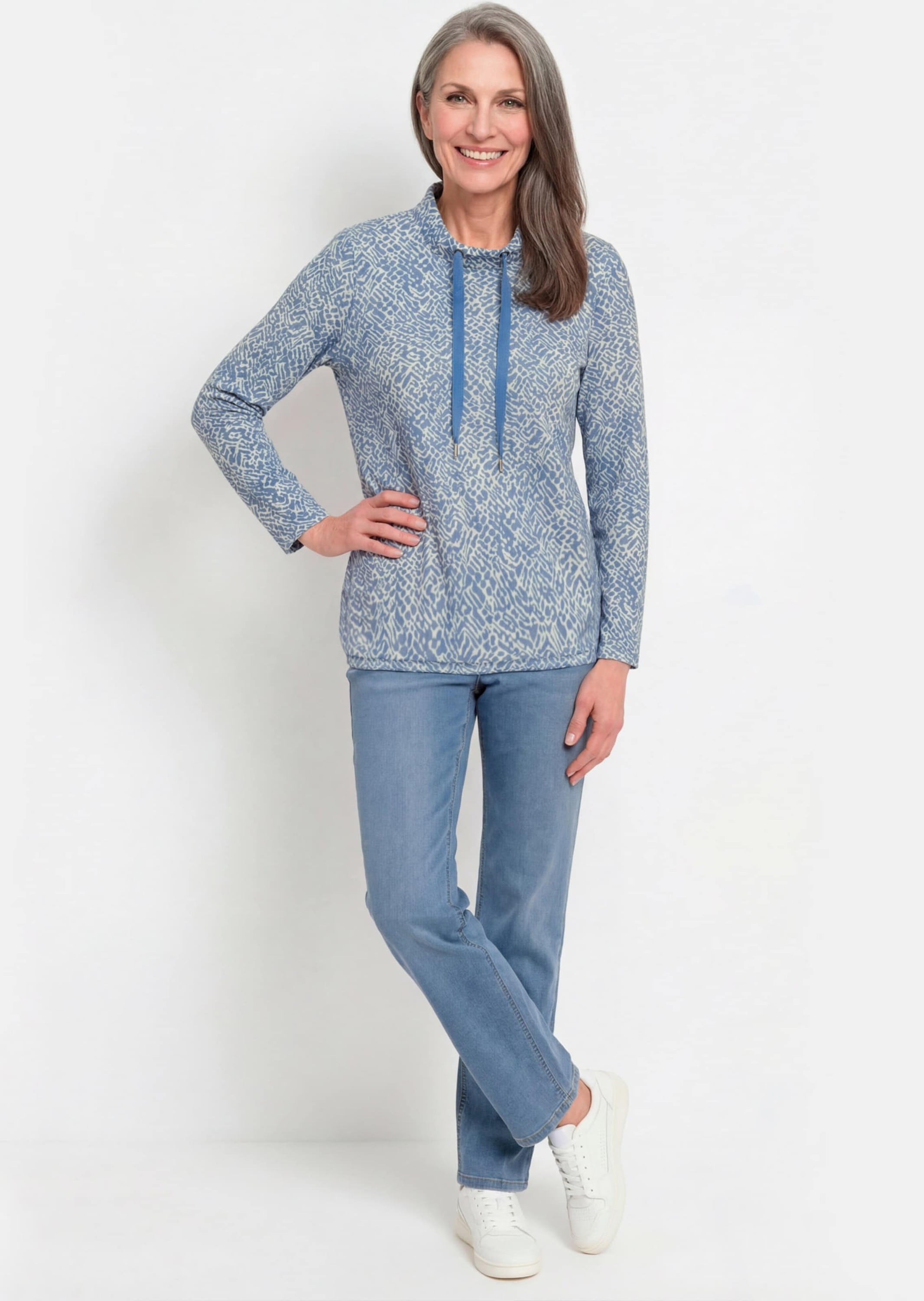 GOLDNER Sweatshirt »Sweater mit grafischem Druck«, Tunnelzug im Stehbund mit Kordelstoppern

