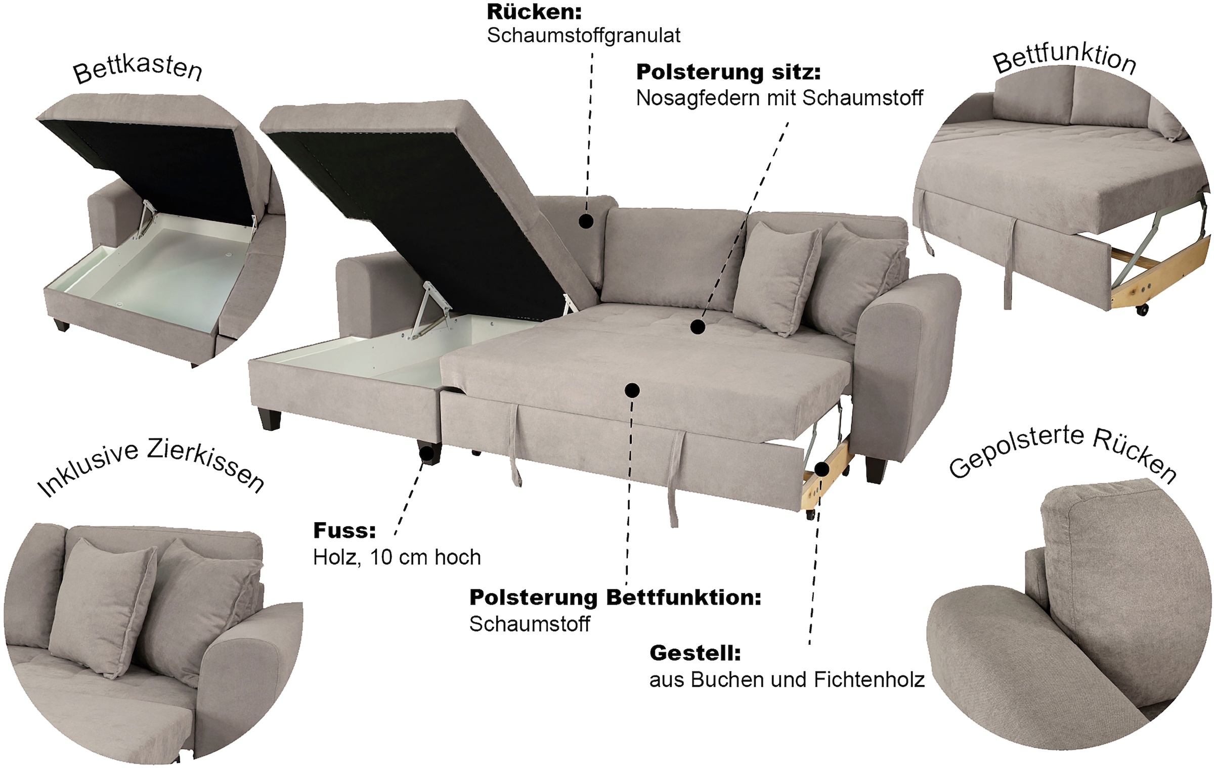 OTTO home Ecksofa »Moritz L-Form, B: 265 cm« mit Schlaffunktion, Bettkasten & Zierkissen