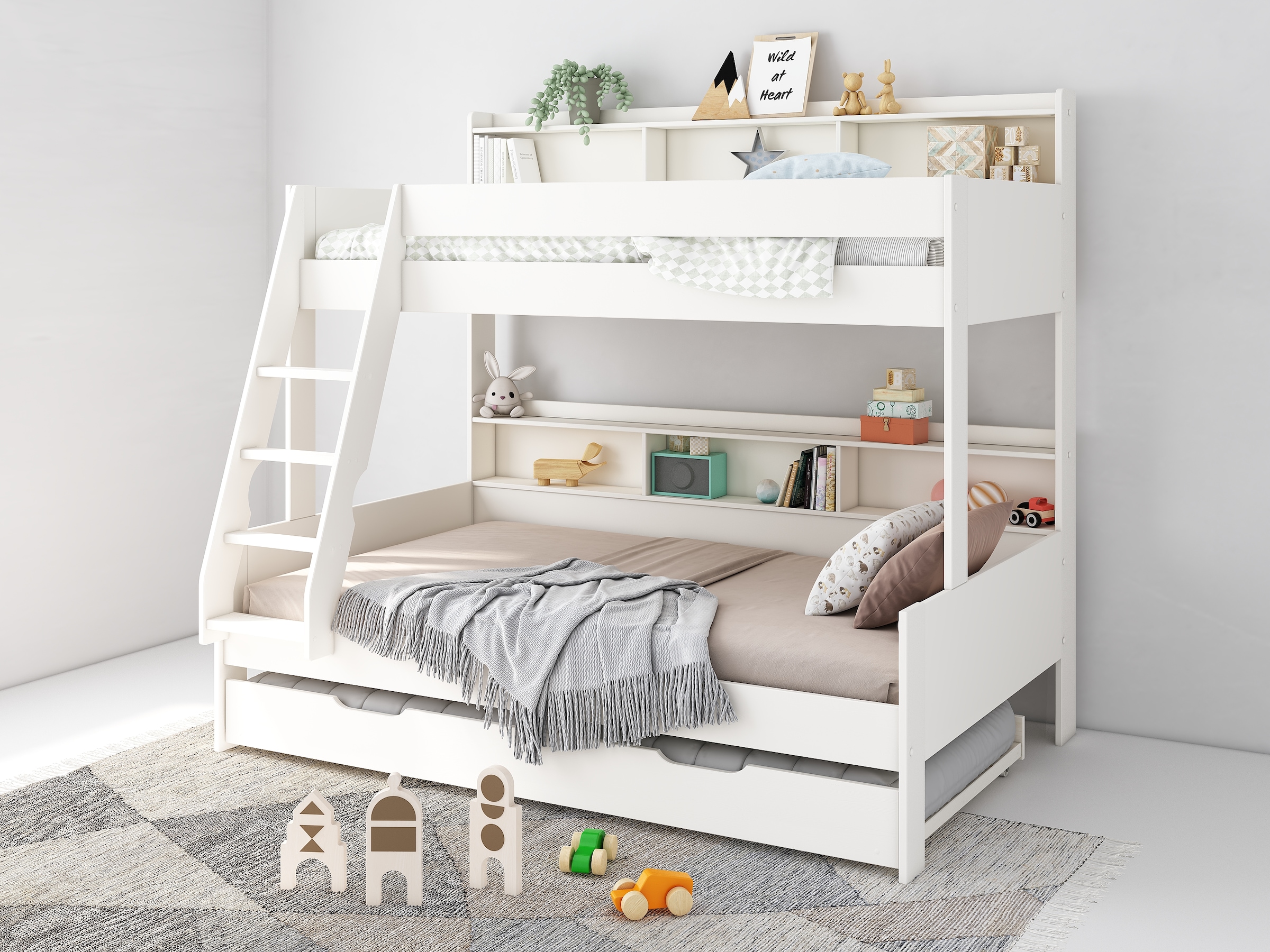 OTTO home Etagenbett "Jaime II, Stockbett, viel Stauraum, mit Regalen, Massivholz mit MDF" Oberes Bett 90x200cm, unteres Bett 120x200cm, breite Liegefläche unten, FSC, Made EU, 3. Schlafgelegenheit optional