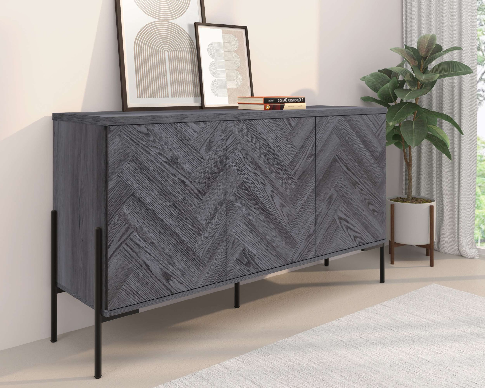 Leonique Sideboard »Eadwine« Kommode, Push-to-open, Türen mit Fischgräten Muster, Breite 130 cm