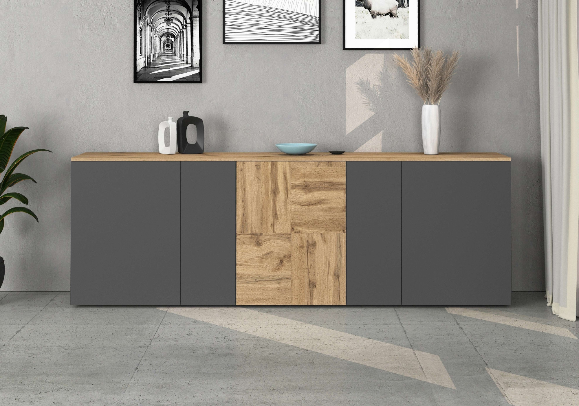 OTTO home Sideboard »ISEO, Kommode, Schrank, Sideboard, Lowboard, 6 Fächer, Breite 200 cm« 1 Stk. tlg. stehend/hängend, 5 Türen, 6 Fächer, Breite 200 cm