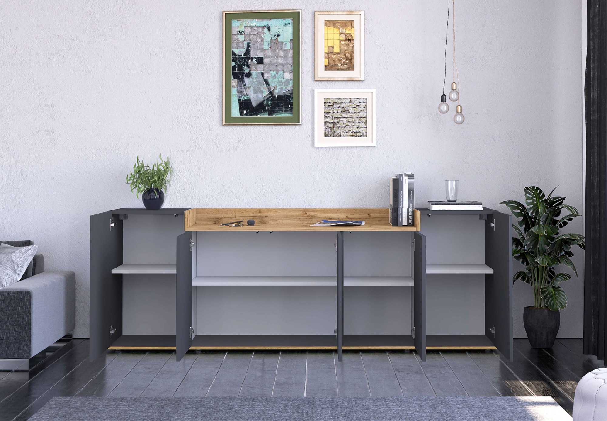 OTTO home Sideboard »BOLSENA, Kommode, Schrank,Lowboard mit 8 Fächer und offenes Ablagefach« 1 Stk. tlg. stehend/hängend montierbar, Made in Italy, B/T/H: 200 × 35 × 71,2 cm