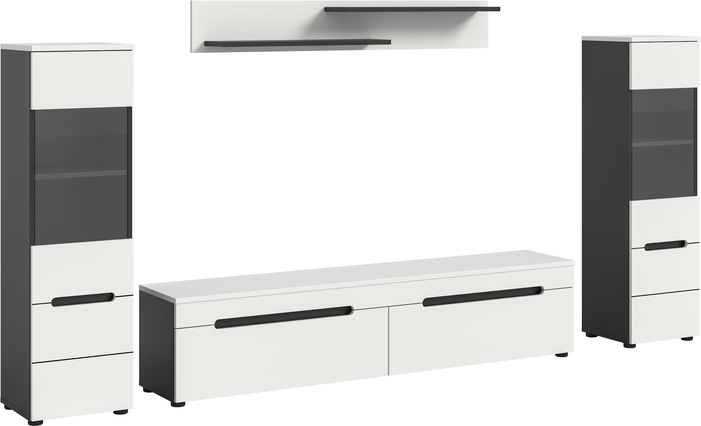 Home affaire Wohnwand »REHAT, TOPSELLER!, 4-teilig, wahlweise stehend und hängend montierbar« Set bestehend aus: 2x Vitrine, Lowboard und Wandboard, 3 Stk. tlg.